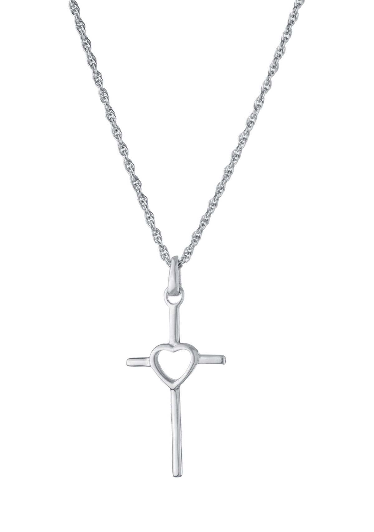 Sterling Silver 18" Cross with Open Heart Pendant Necklace