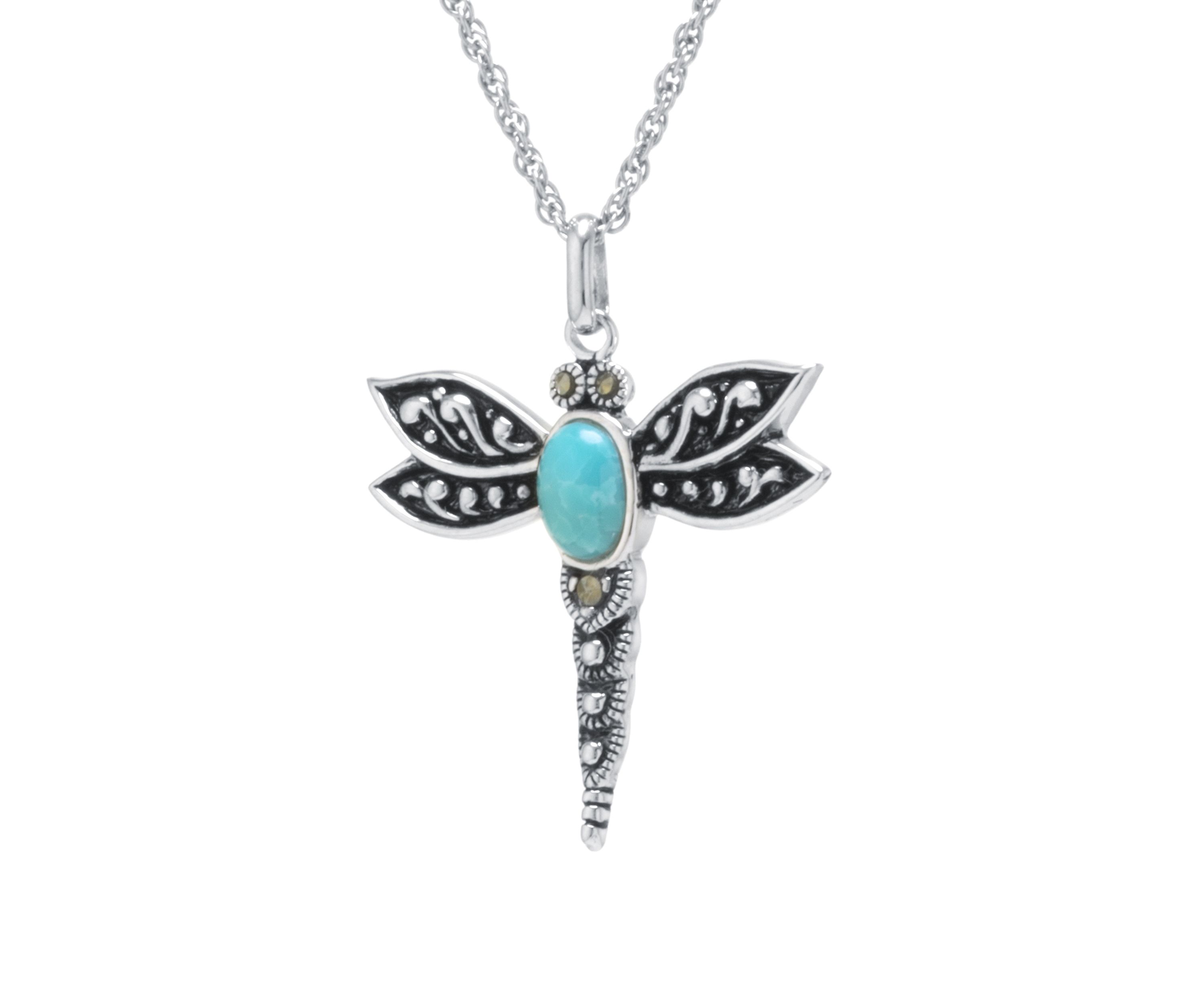 Sterling Silver Enhanced Turquoise Marcasite Dragonfly Pendant Necklace