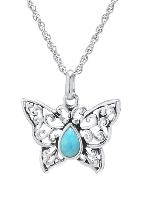 Sterling Silver Enhanced Turquoise Cabochon Filigree Butterfly Pendant  Necklace