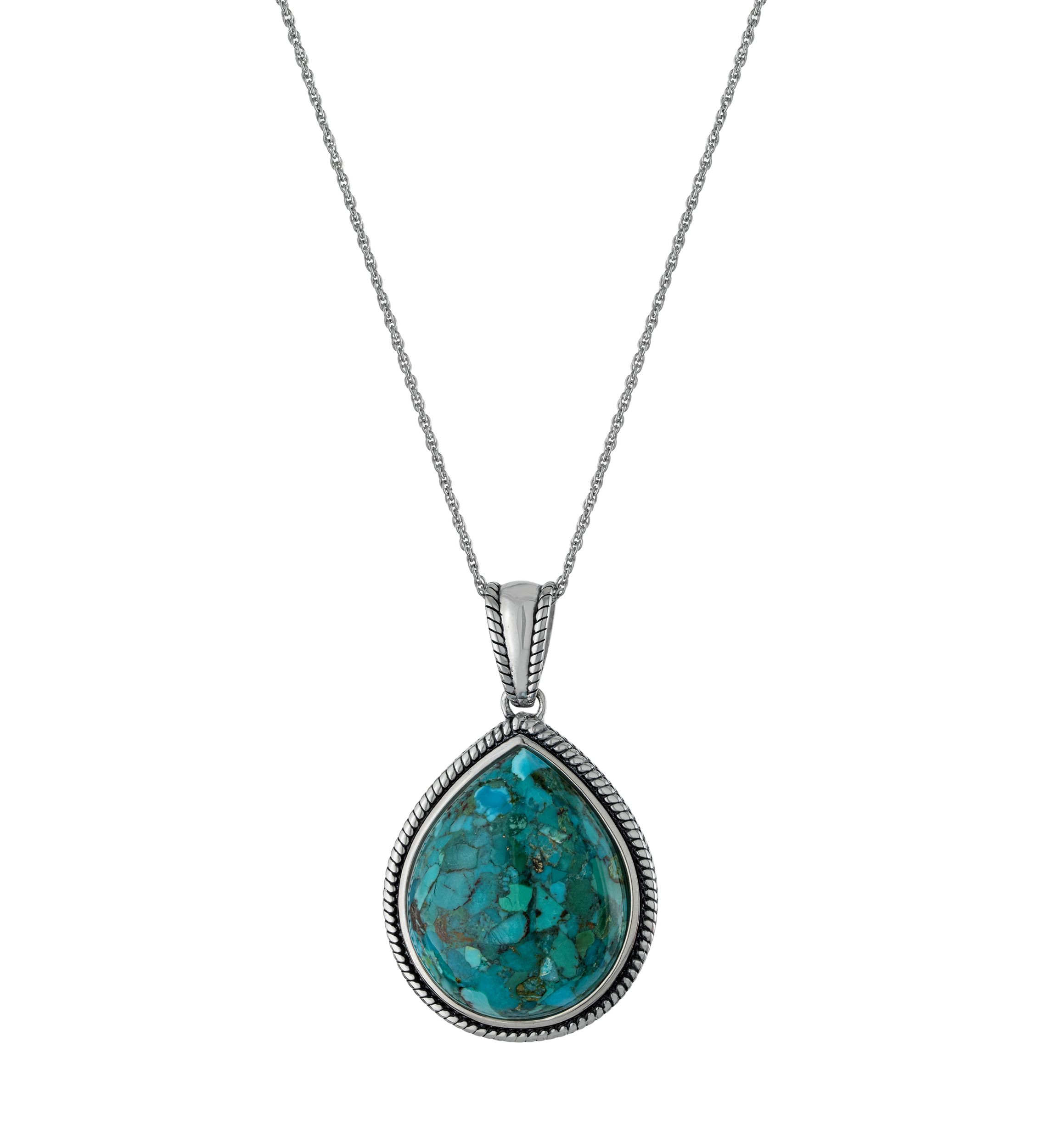 Sterling Silver 18 Inch Enhanced Turquoise Teardrop Cabochon Rope Edge Pendant Necklace