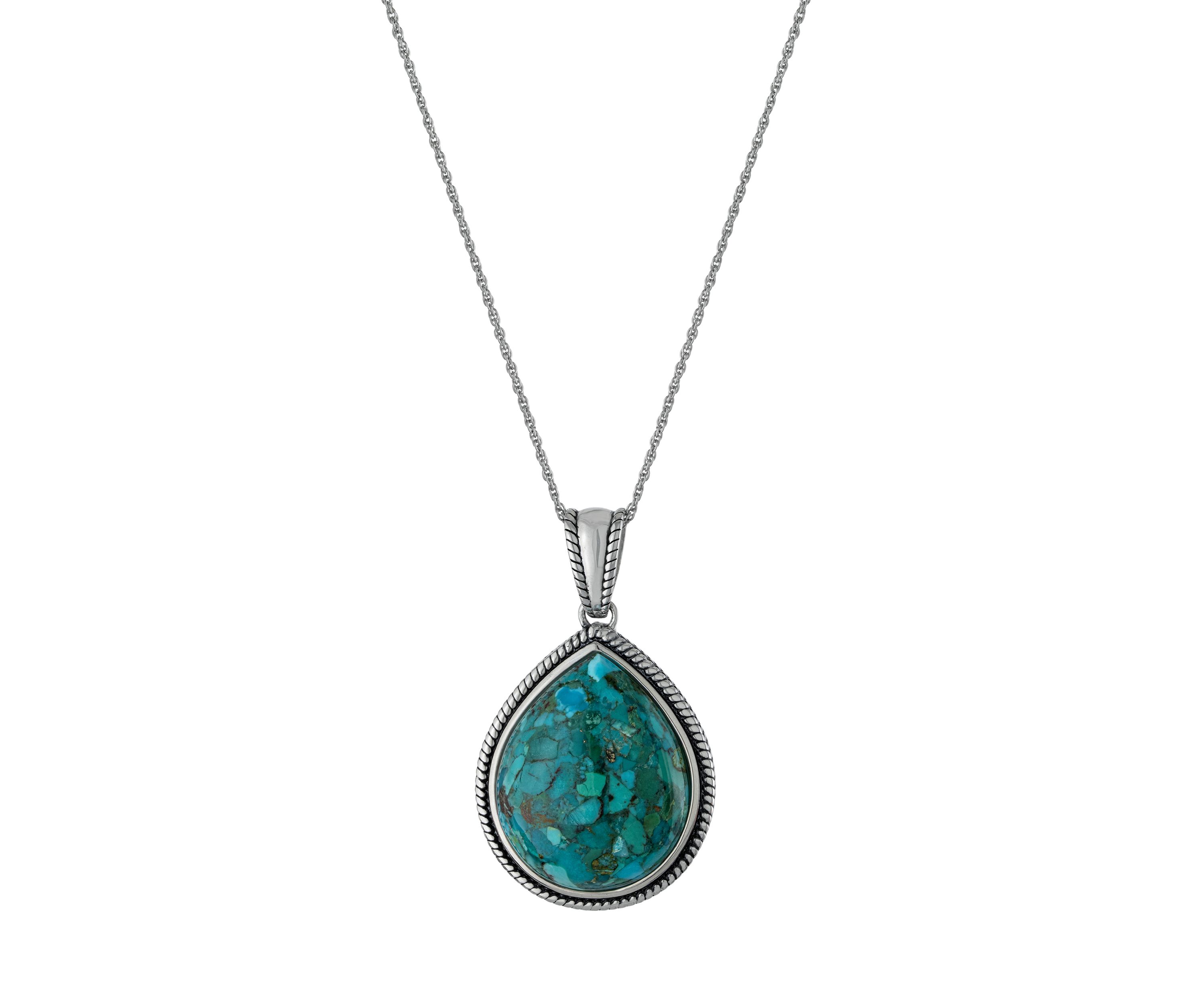 Sterling Silver 18 Inch Enhanced Turquoise Teardrop Cabochon Rope Edge Pendant Necklace