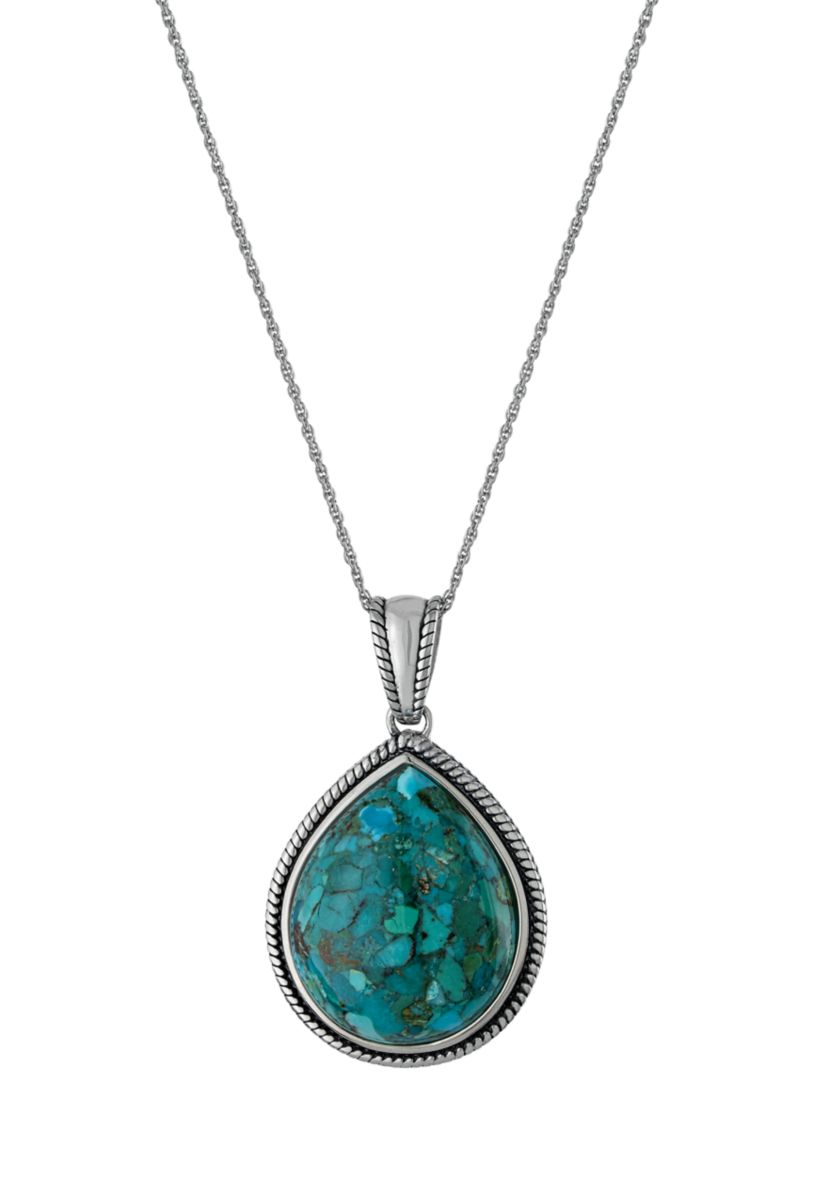 Sterling Silver 18 Inch Enhanced Turquoise Teardrop Cabochon Rope Edge Pendant Necklace