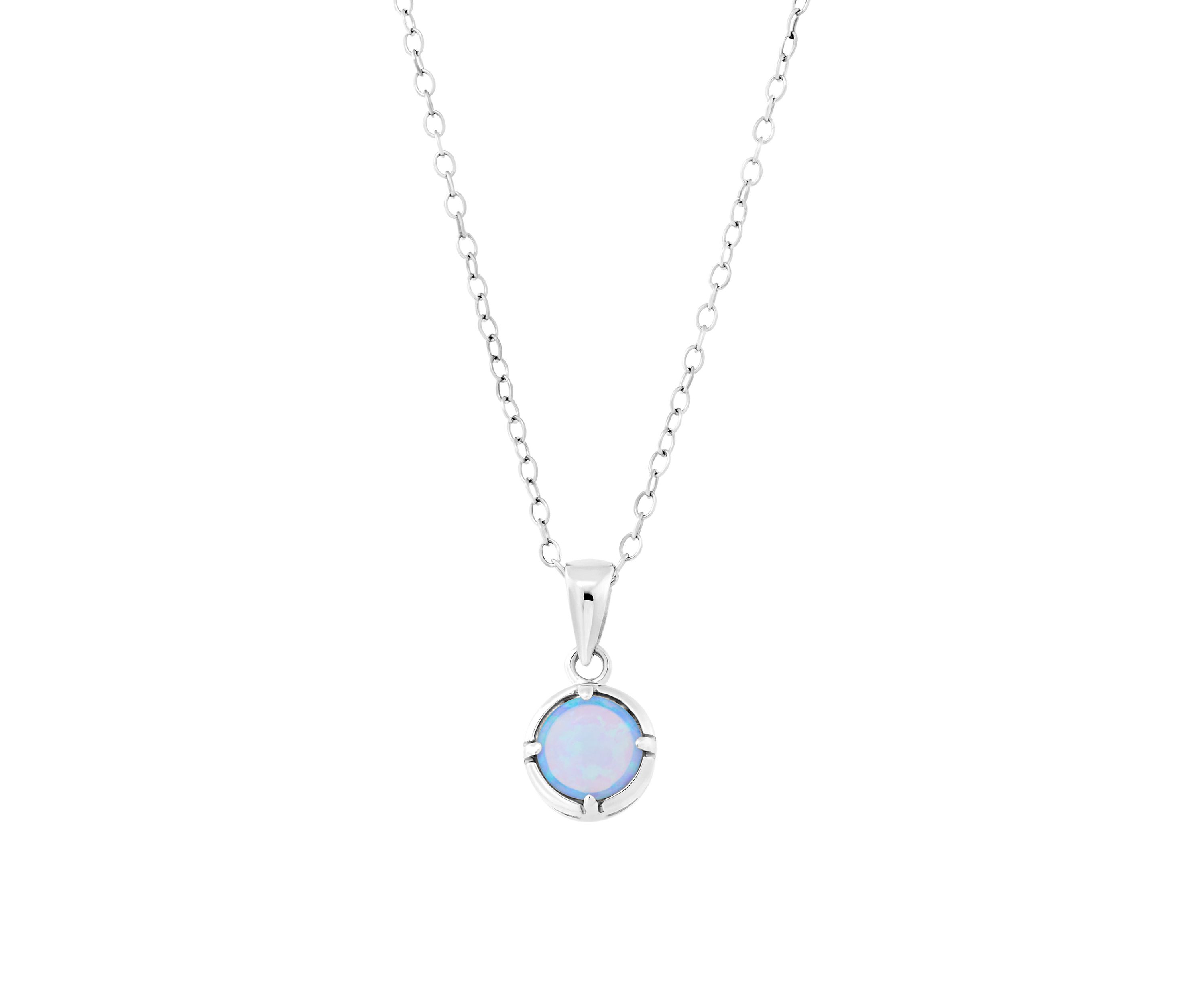 Sterling Silver 6 Millimeter Simulated Blue Opal Round Pendant Necklace