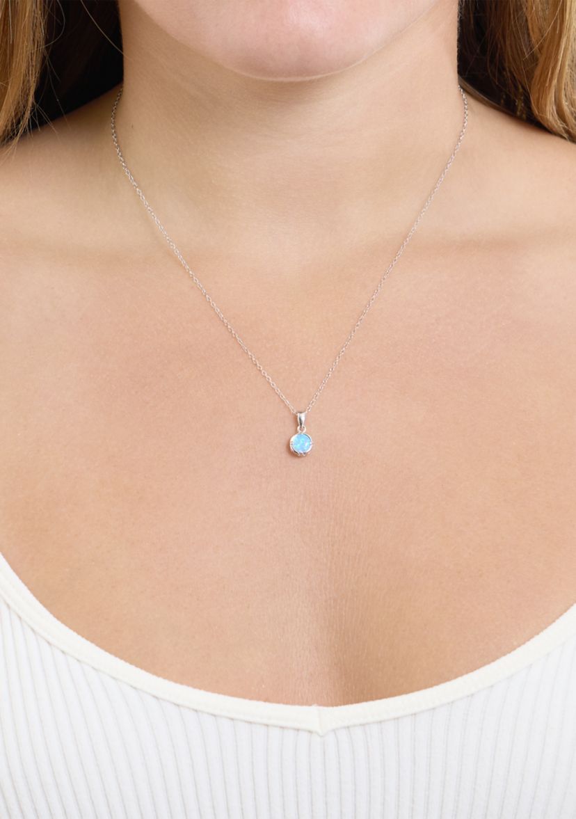 Sterling Silver 6 Millimeter Simulated Blue Opal Round Pendant Necklace
