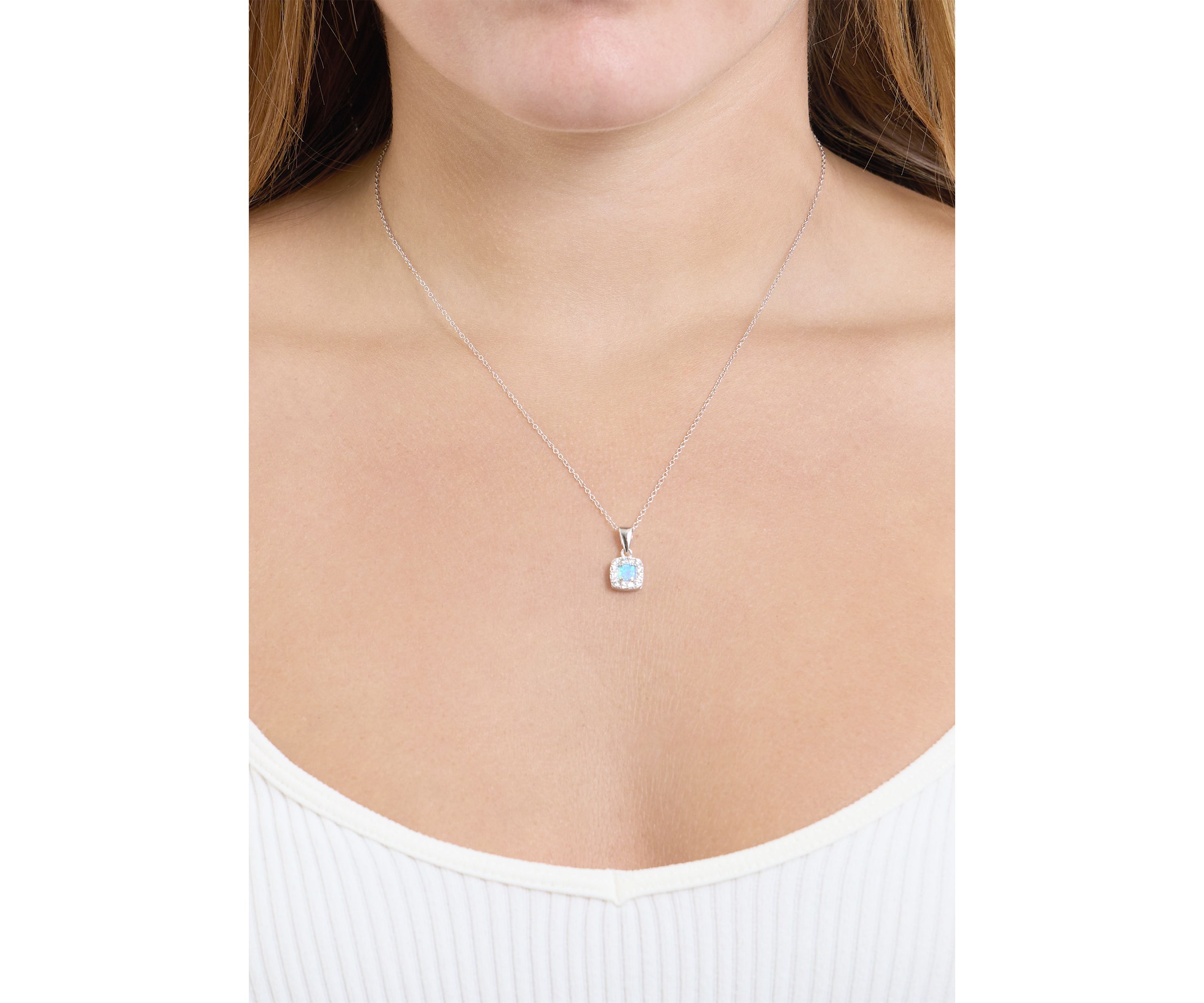 Sterling Silver Simulated Blue Opal and Cubic Zirconia Square Halo Pendant Necklace