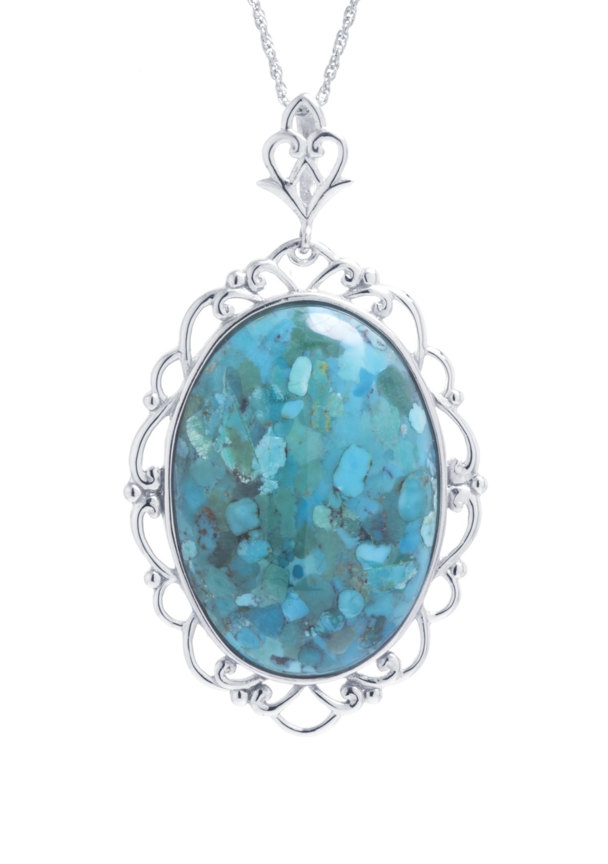 Sterling Silver 18in. Genuine Turquoise Oval Filigree Pendant Necklace