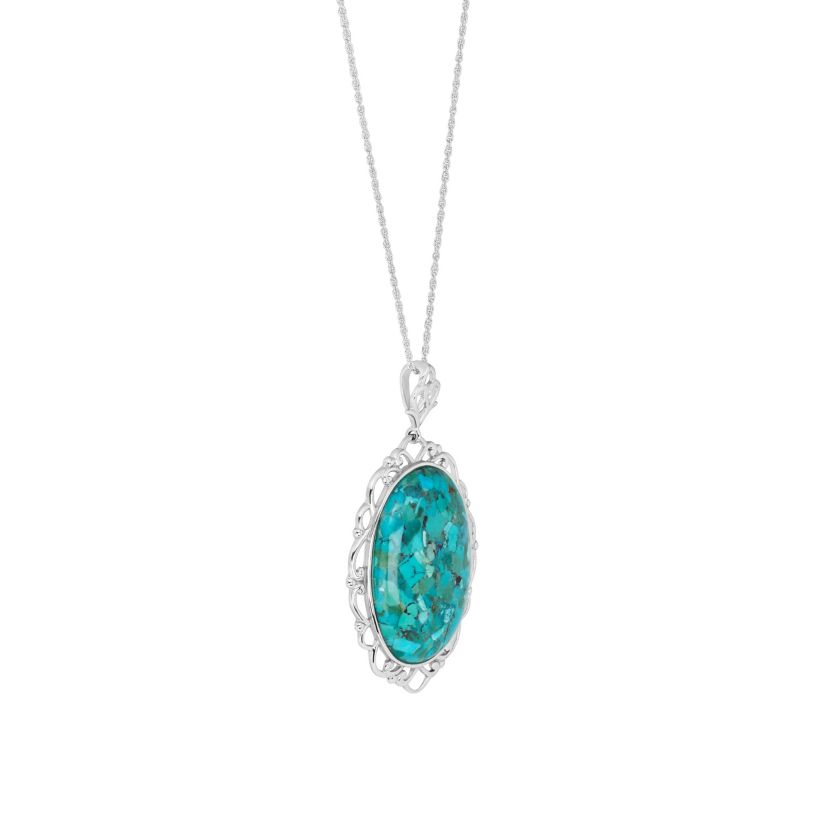 Sterling Silver 18in. Genuine Turquoise Oval Filigree Pendant Necklace