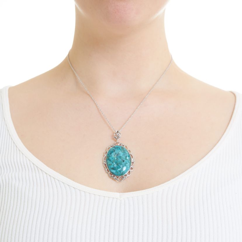 Sterling Silver 18in. Genuine Turquoise Oval Filigree Pendant Necklace