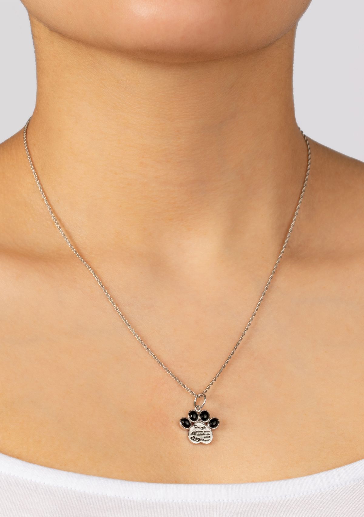 Sterling Silver 18in. Black Onyx Dog Paw Quote Pendant Necklace