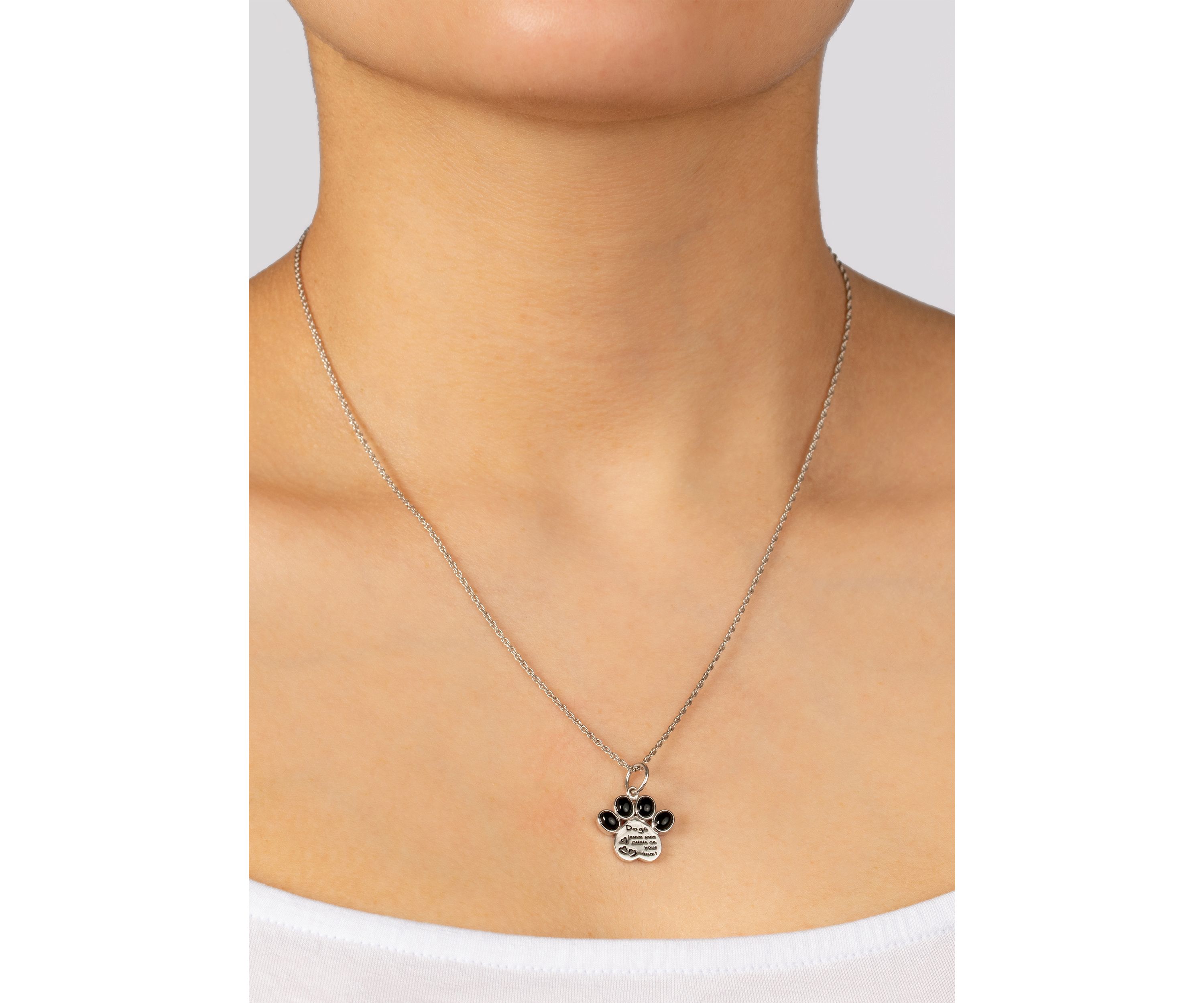 Sterling Silver 18in. Black Onyx Dog Paw Quote Pendant Necklace