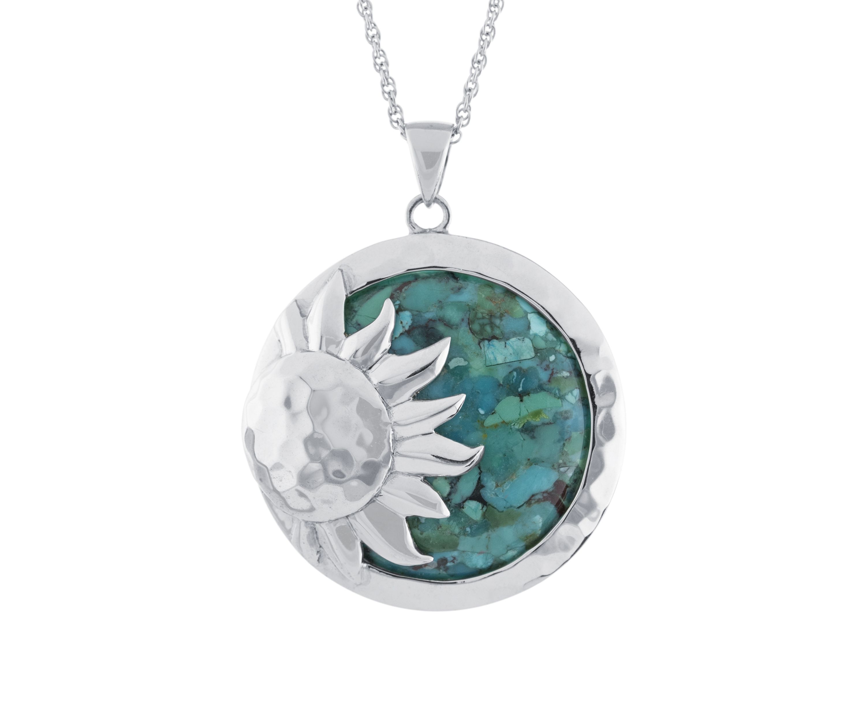 Sterling Silver Enhanced Turquoise Hammered Sun Pendant Necklace