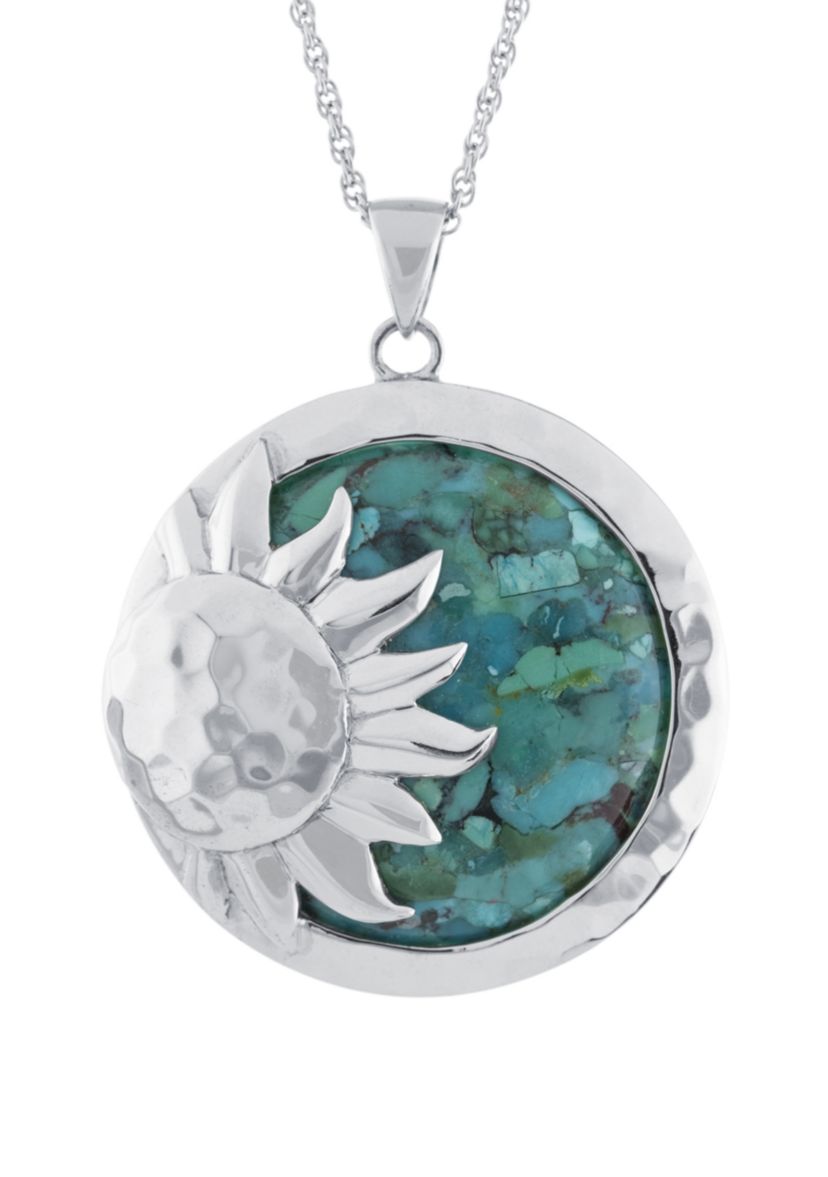 Sterling Silver Enhanced Turquoise Hammered Sun Pendant Necklace