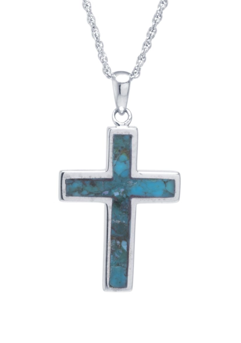 Sterling Silver Genuine Turquoise Cross Pendant Necklace