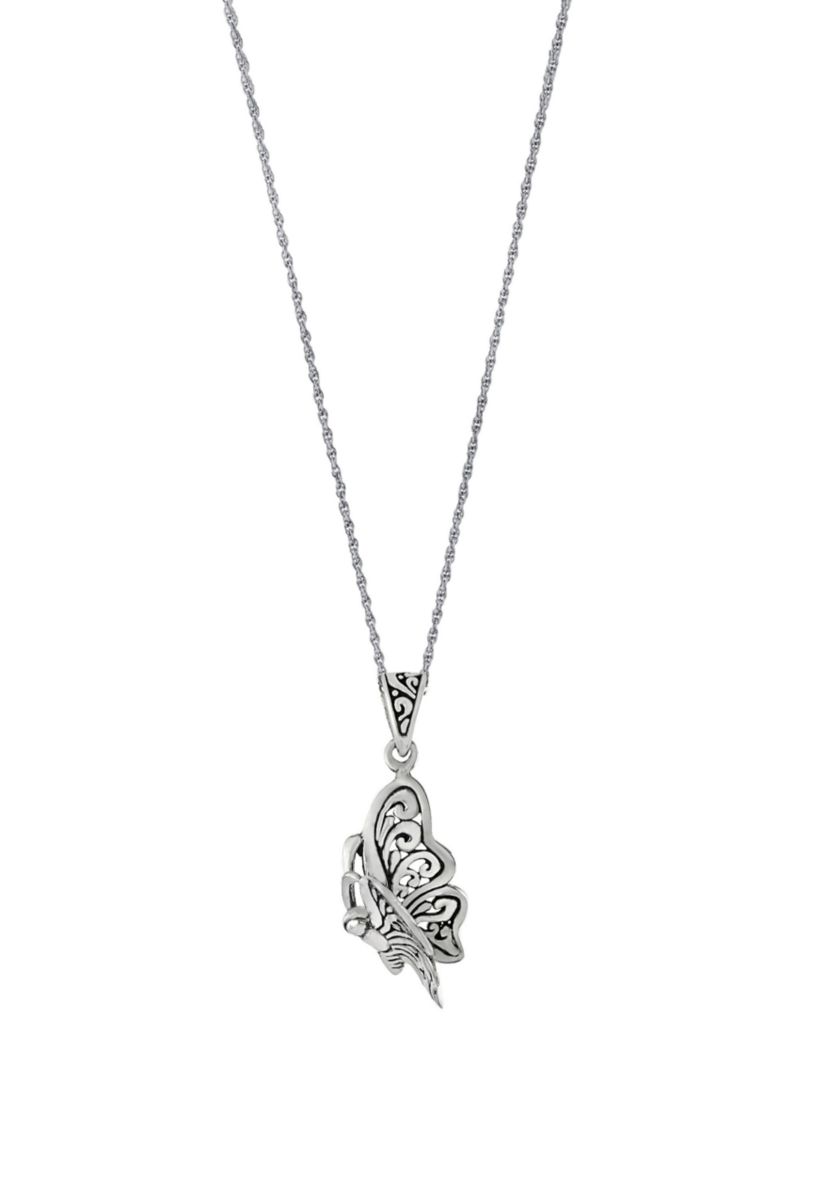 Sterling Silver 18IN Oxidized Filigree Butterfly Pendant Necklace