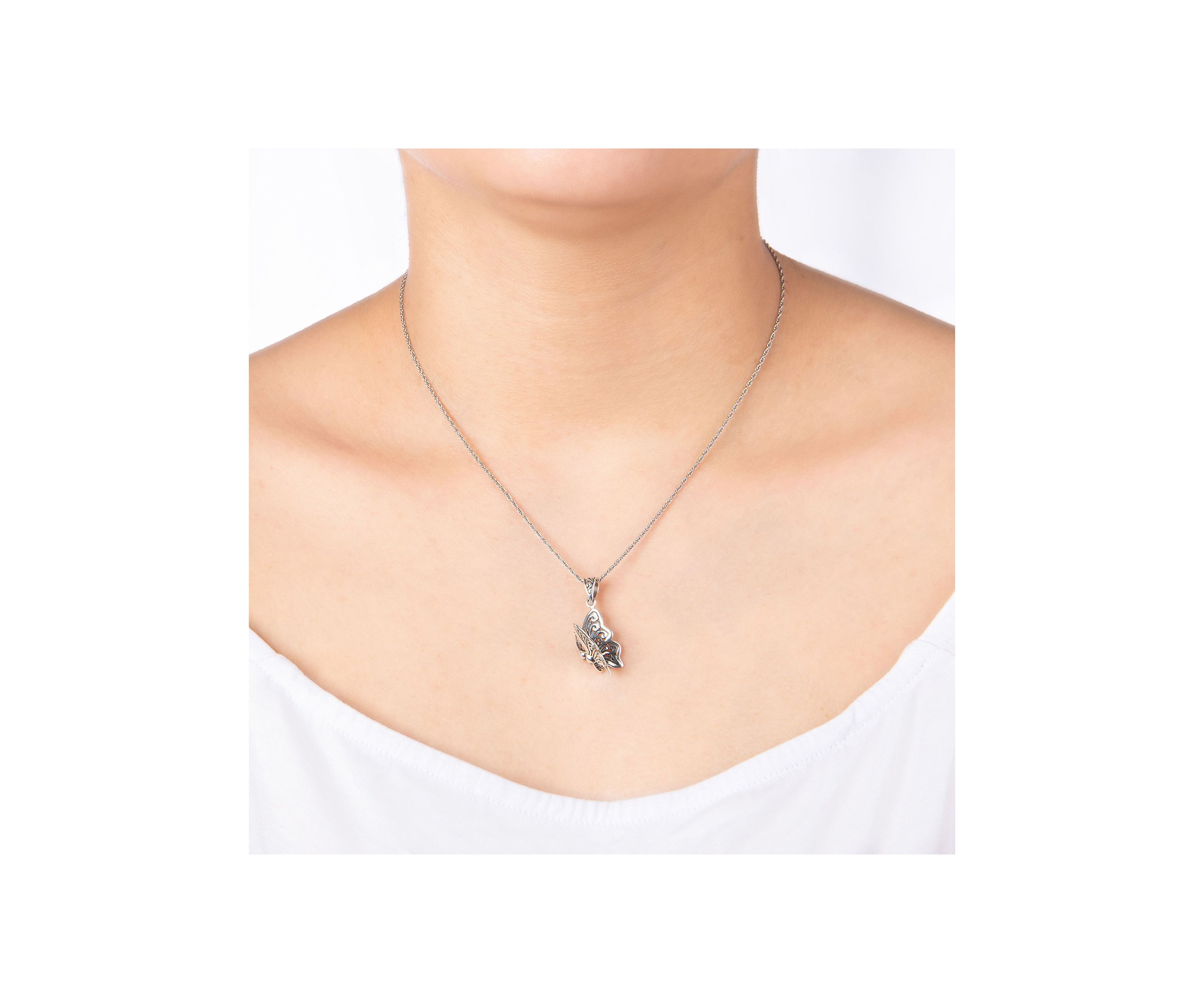 Sterling Silver 18IN Oxidized Filigree Butterfly Pendant Necklace