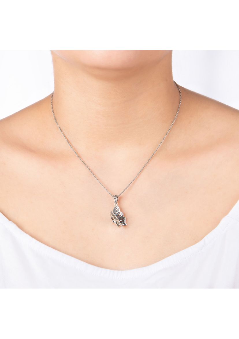 Sterling Silver 18IN Oxidized Filigree Butterfly Pendant Necklace