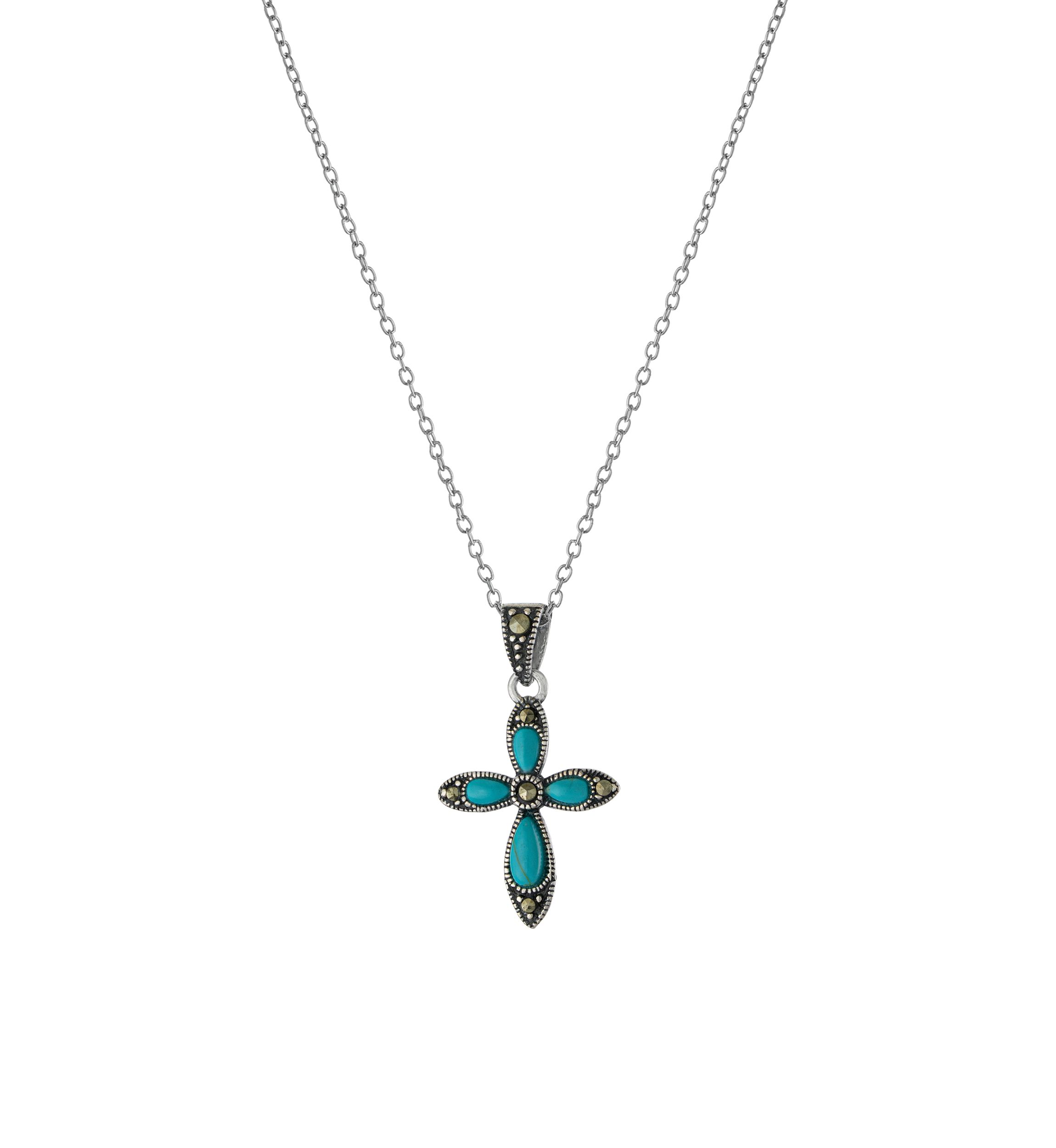 Sterling Silver 18in. Turquoise Cross Pendant Necklace