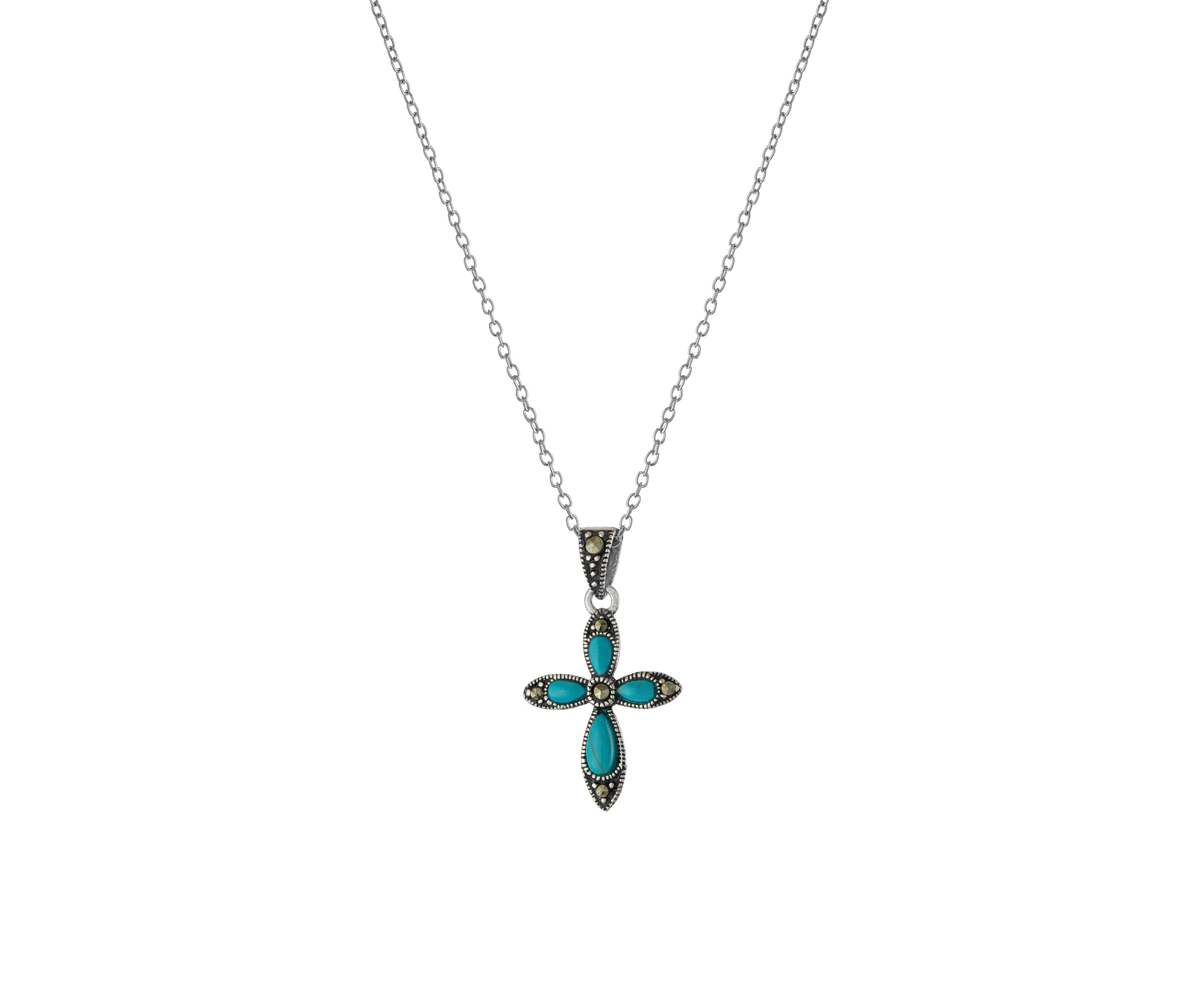 Sterling Silver 18in. Turquoise Cross Pendant Necklace