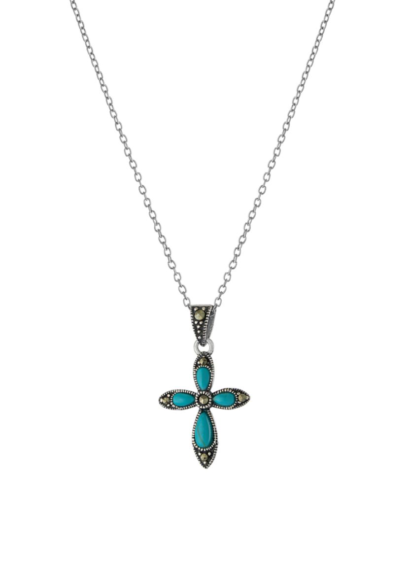 Sterling Silver 18in. Turquoise Cross Pendant Necklace