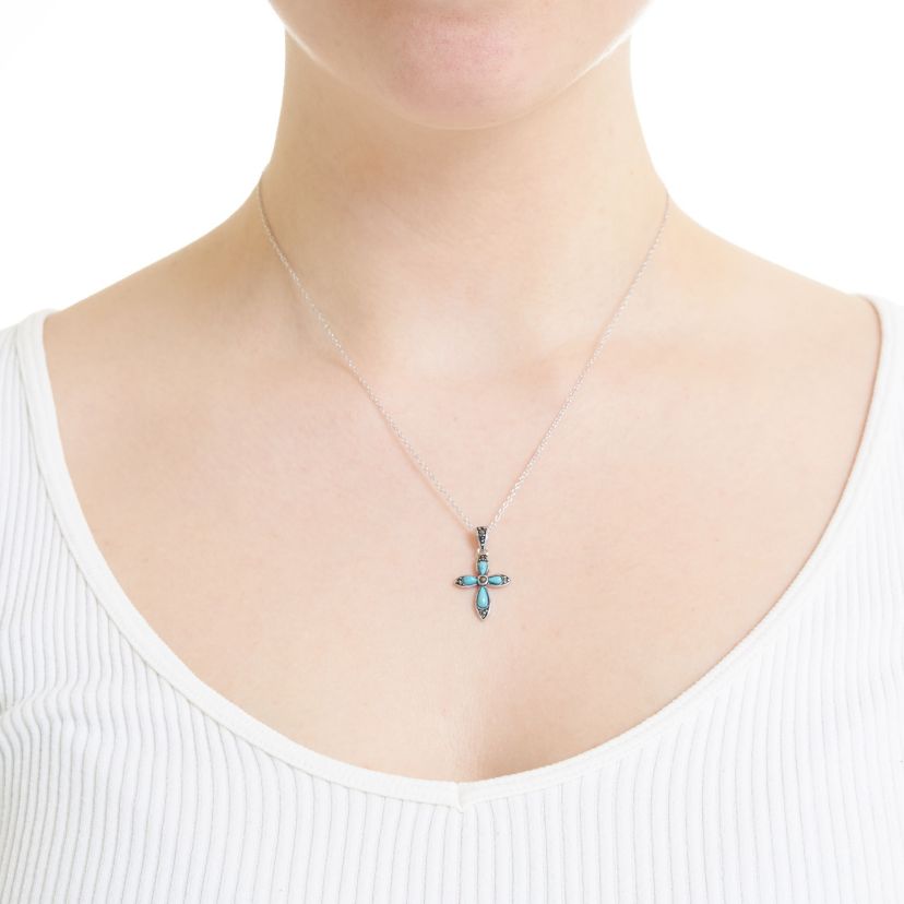 Sterling Silver 18in. Turquoise Cross Pendant Necklace