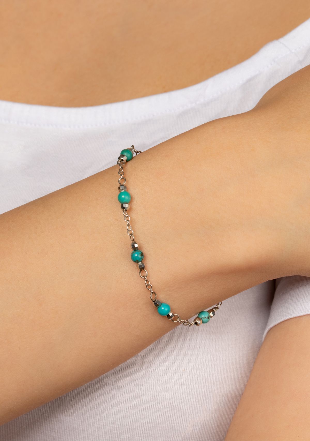  Sterling Silver 7.25" Enhanced Turquoise Beaded Bracelet 
