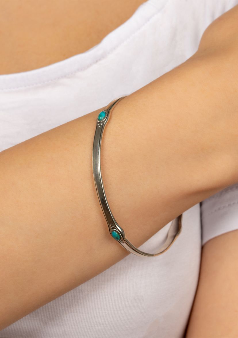Sterling Silver Enhanced Turquoise Cabochon Antique Bangle Bracelet 