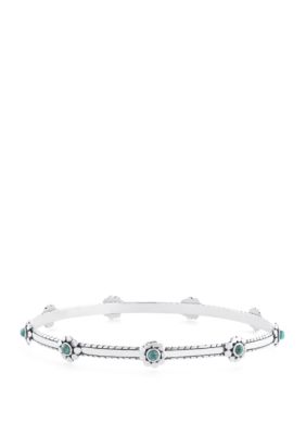 Belk Silverworks Sterling Silver Enhanced Turquoise Cabochon Flower Hammered Bangle Bracelet, 9 in