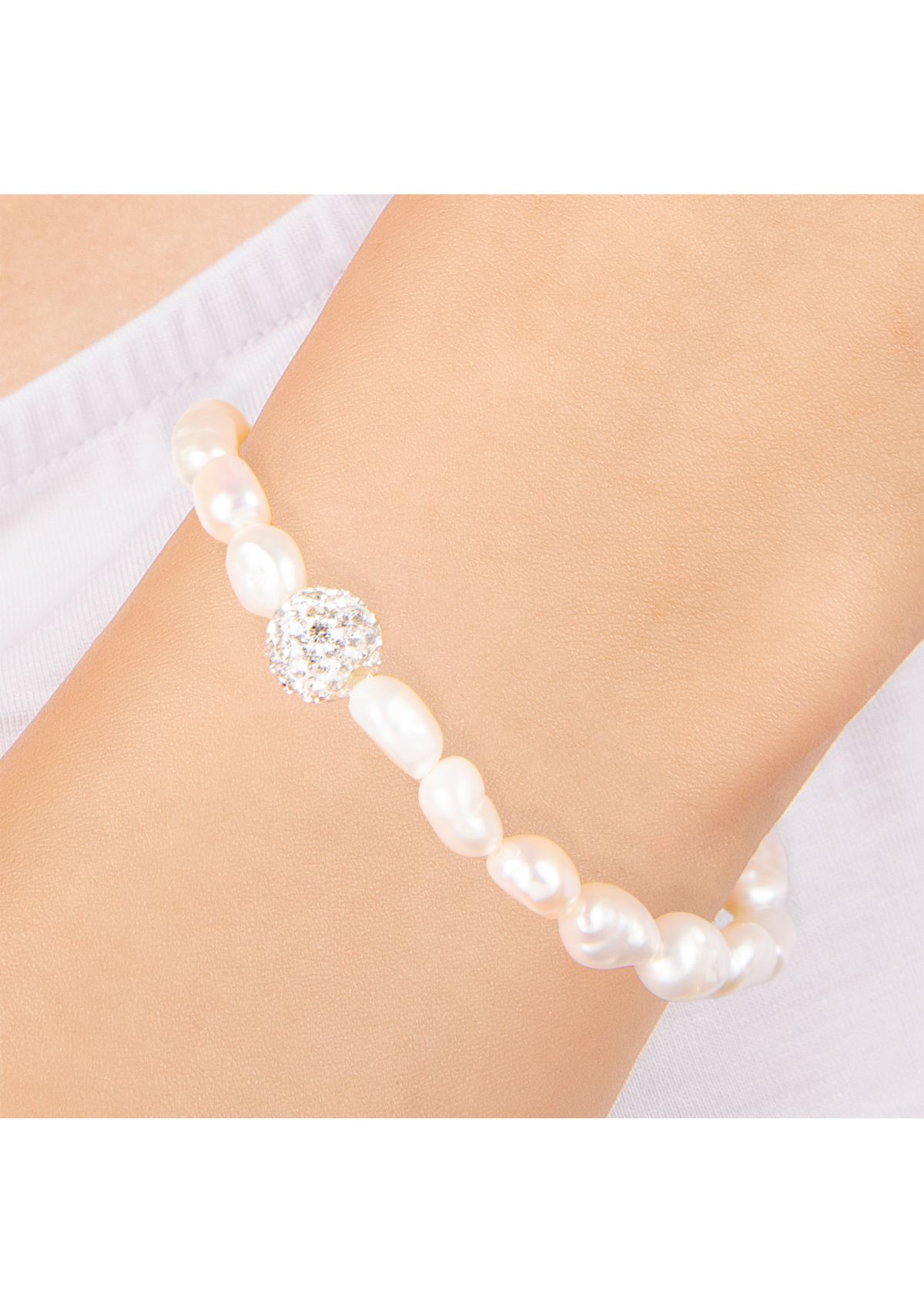 Sterling Silver 7 Freshwater Pearl and Crystal Fireball Stretch Bracelet