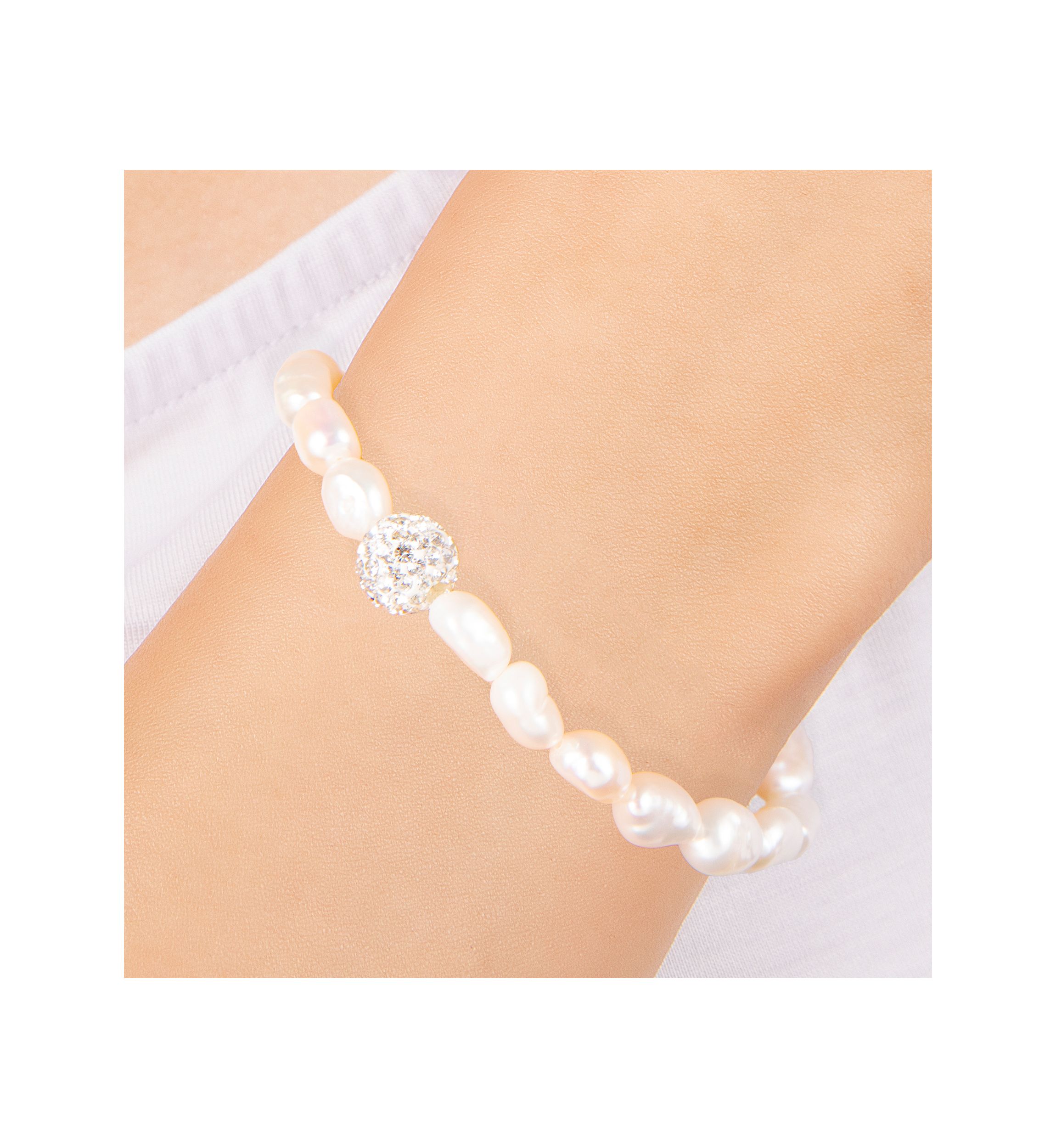Sterling Silver 7 Freshwater Pearl and Crystal Fireball Stretch Bracelet