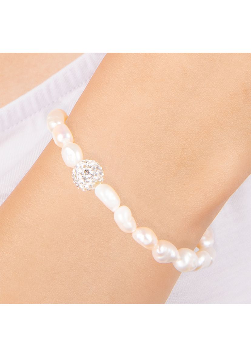 Sterling Silver 7 Freshwater Pearl and Crystal Fireball Stretch Bracelet