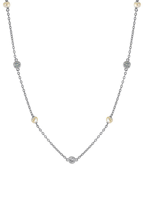 Sterling Silver 3 Millimeter Bezel Cubic Zirconia and Freshwater Pearl Station Necklace