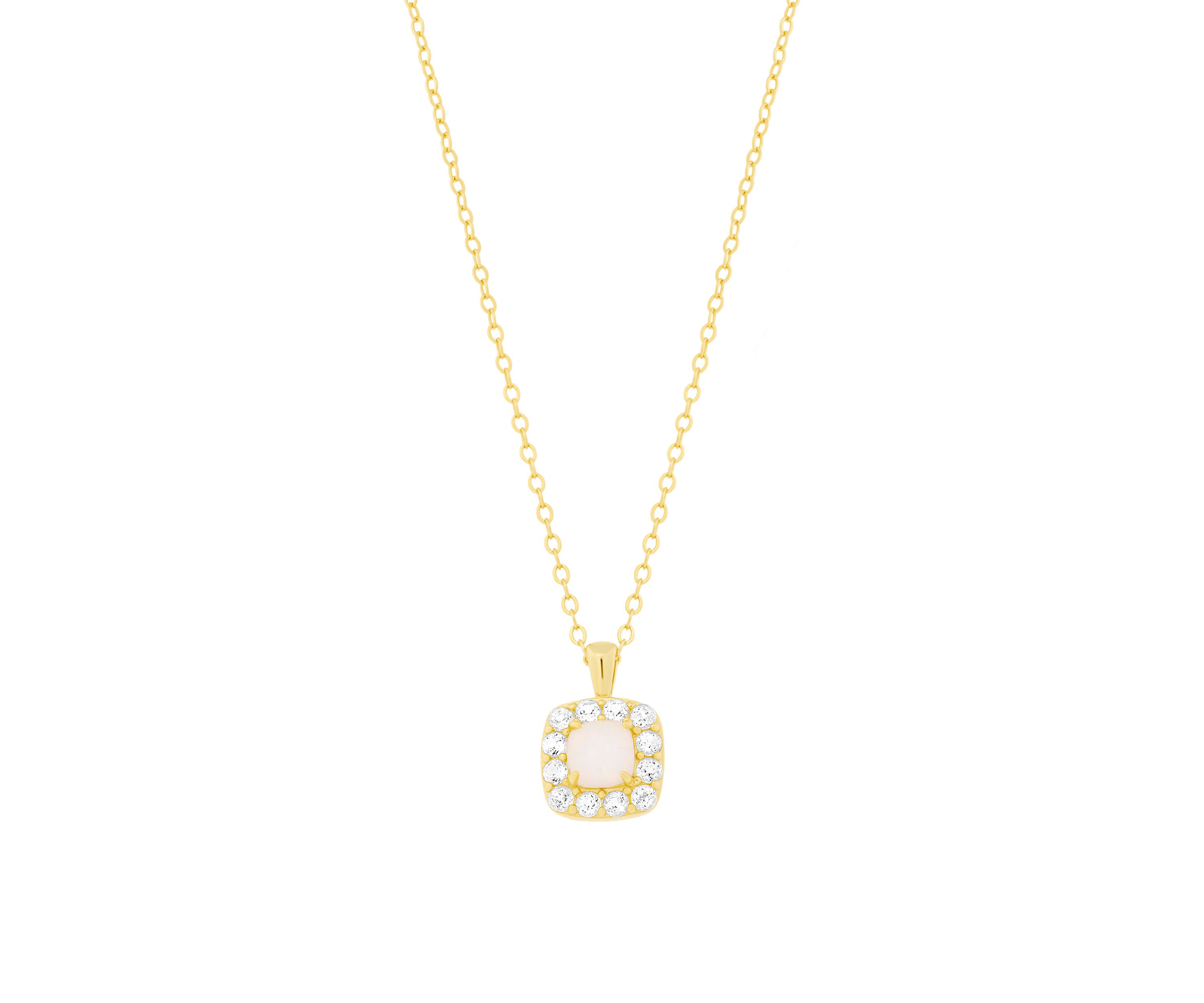 Gold Over Sterling Silver Simulated Opal and White Topaz Square Halo Pendant Necklace