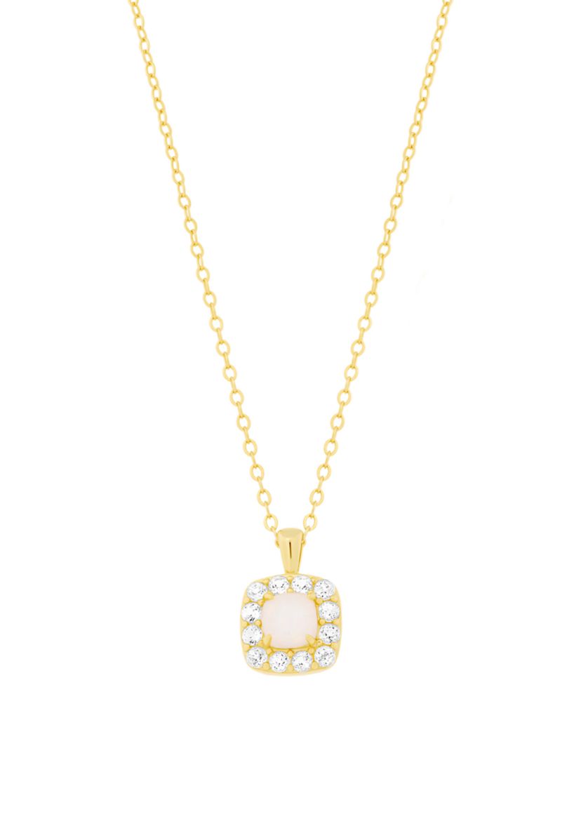 Gold Over Sterling Silver Simulated Opal and White Topaz Square Halo Pendant Necklace