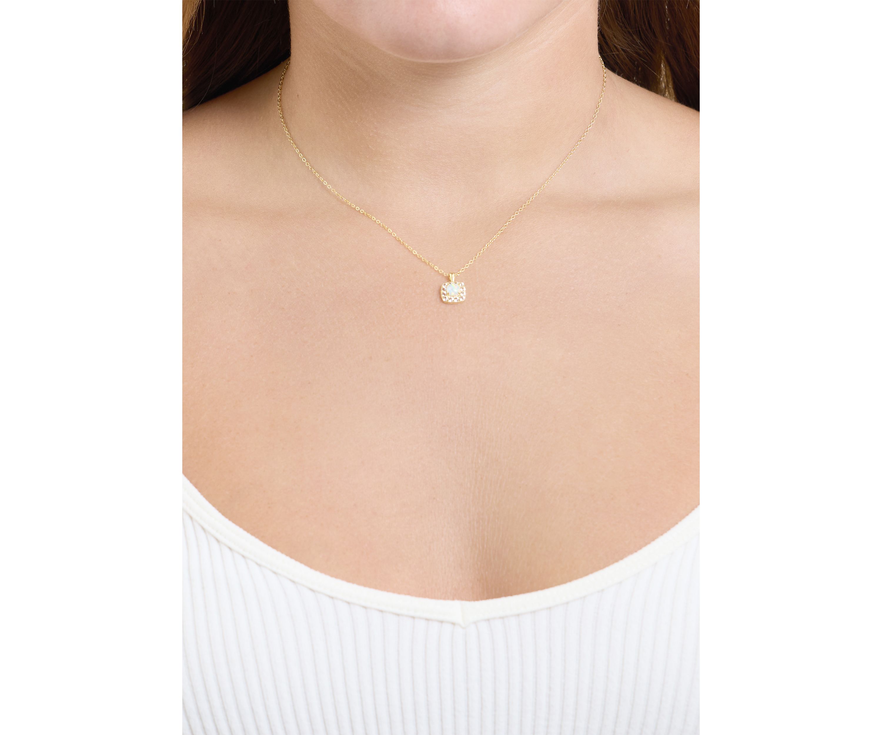 Gold Over Sterling Silver Simulated Opal and White Topaz Square Halo Pendant Necklace