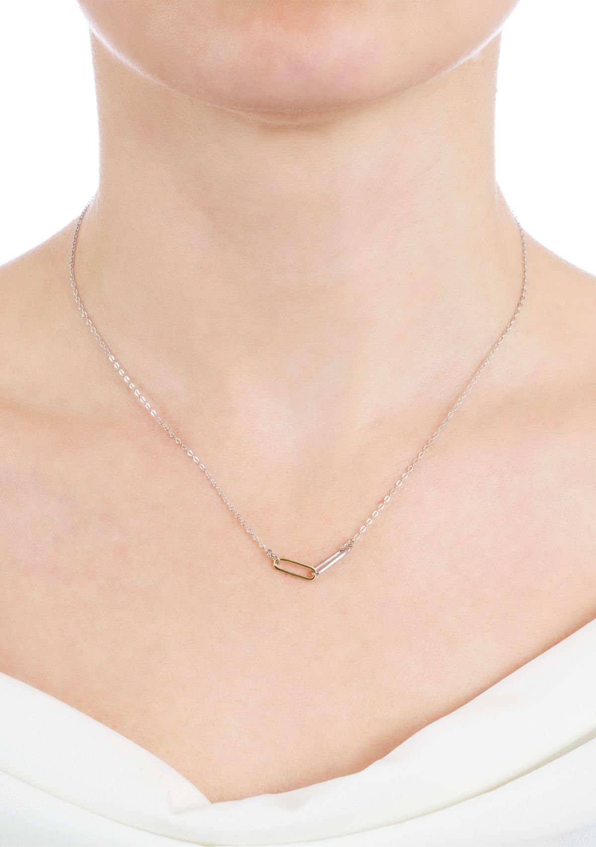 Two Tone Sterling Silver 16" + 2" Paperclip Chain Necklace