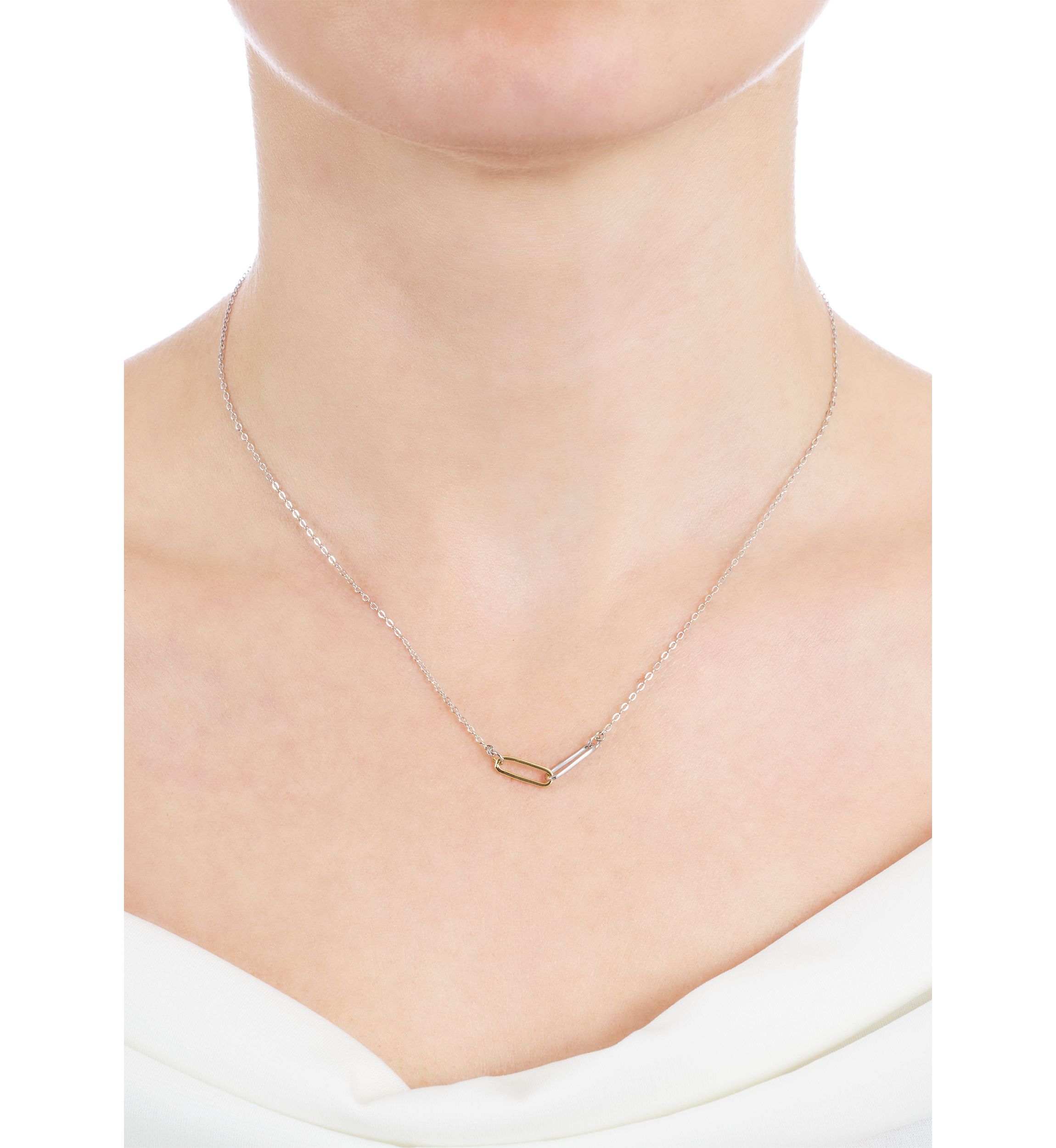 Two Tone Sterling Silver 16" + 2" Paperclip Chain Necklace