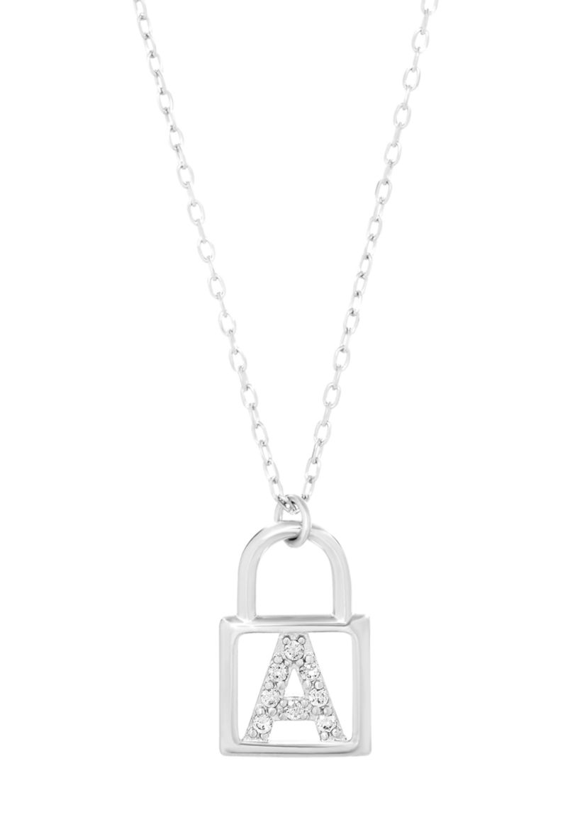 Sterling Silver Cubic Zirconia Initial Lock Pendant Necklace