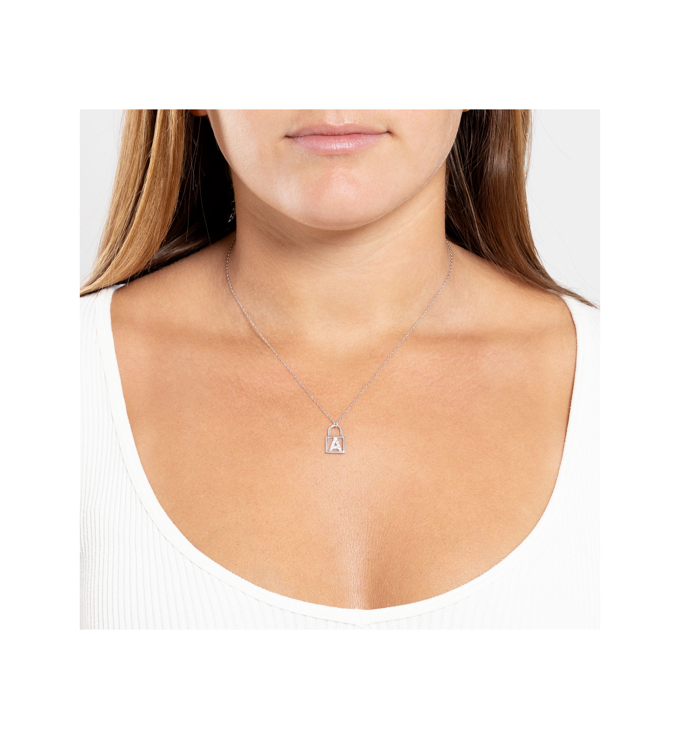 Sterling Silver Cubic Zirconia Initial Lock Pendant Necklace