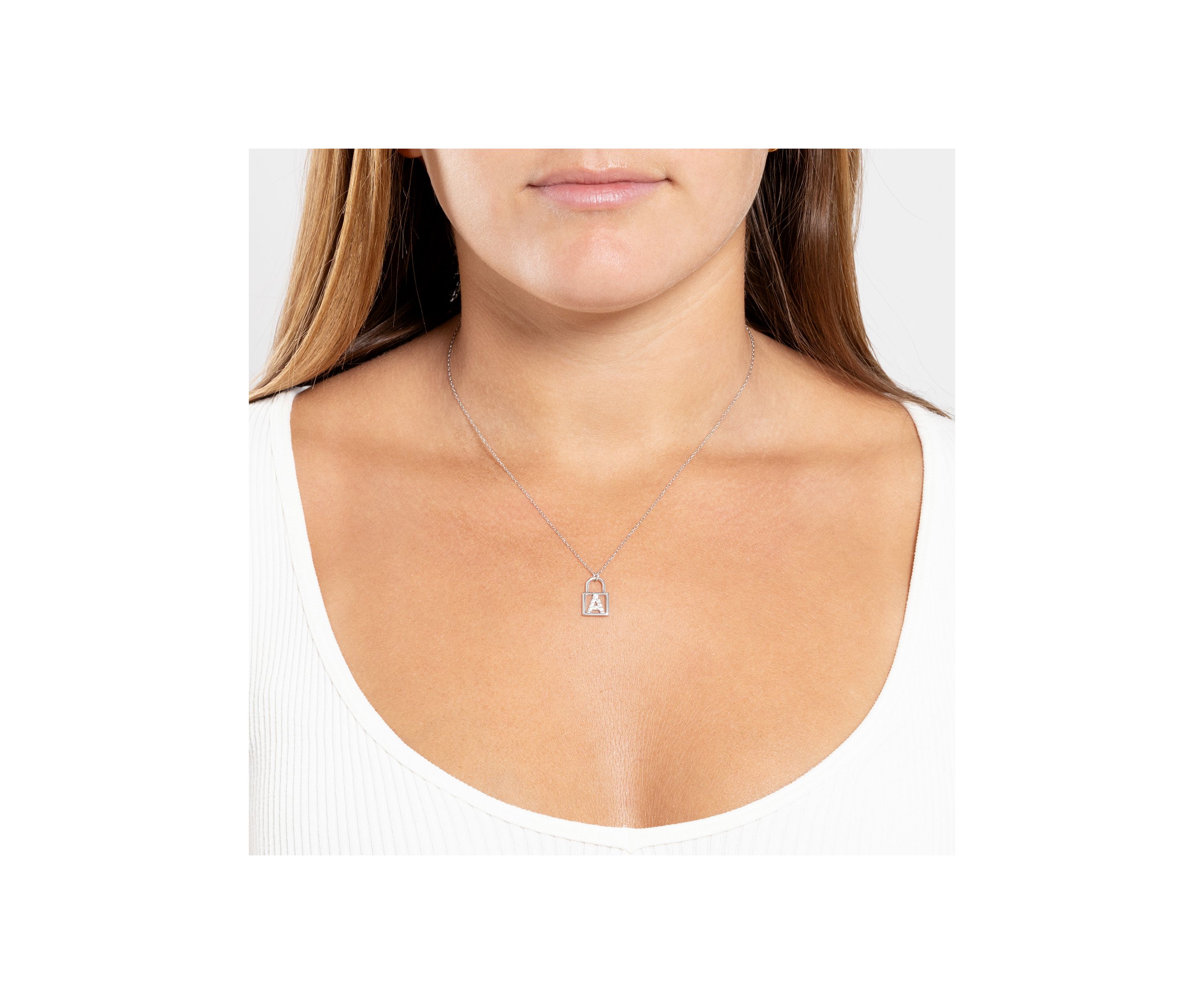 Sterling Silver Cubic Zirconia Initial Lock Pendant Necklace