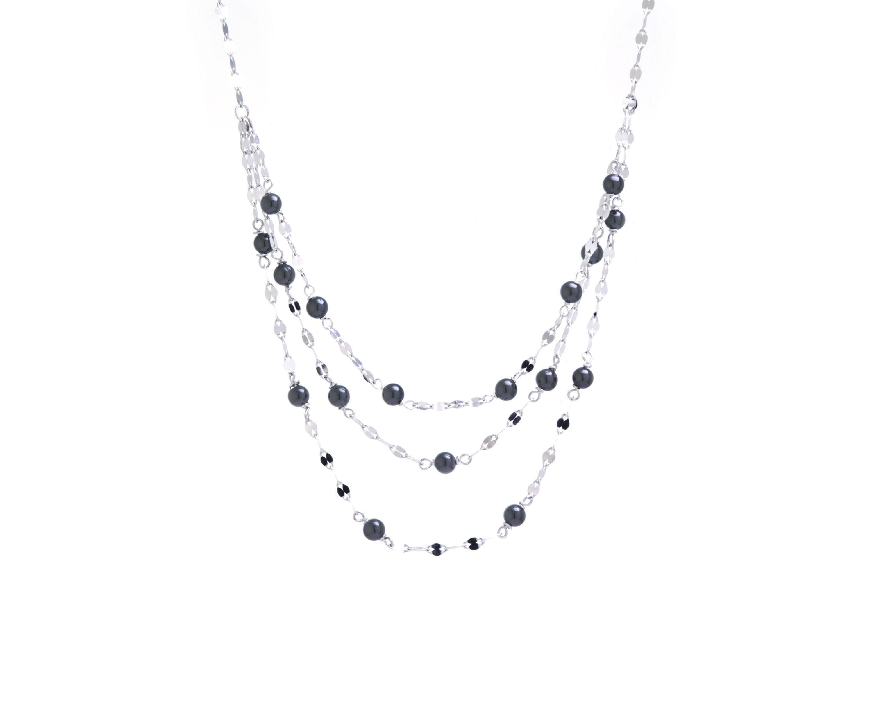 Sterling Silver 3 Row Onyx Mirror Chain Necklace