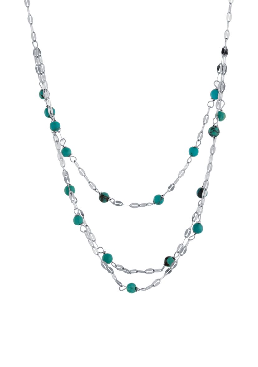Sterling Silver 16in +2in Genuine Turquoise 3 Row Mirror Chain Necklace