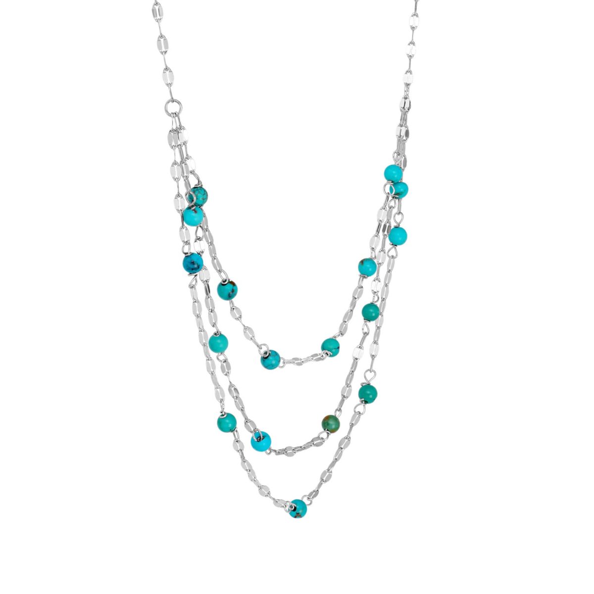 Sterling Silver 16in +2in Genuine Turquoise 3 Row Mirror Chain Necklace