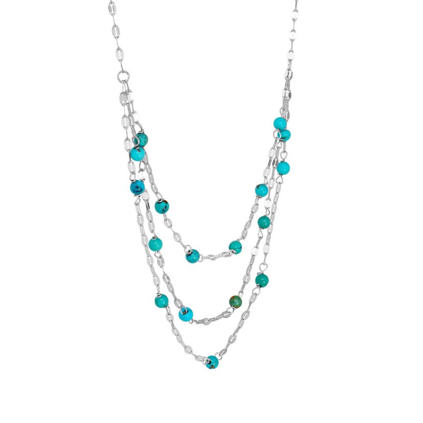 Sterling Silver 16in +2in Genuine Turquoise 3 Row Mirror Chain Necklace