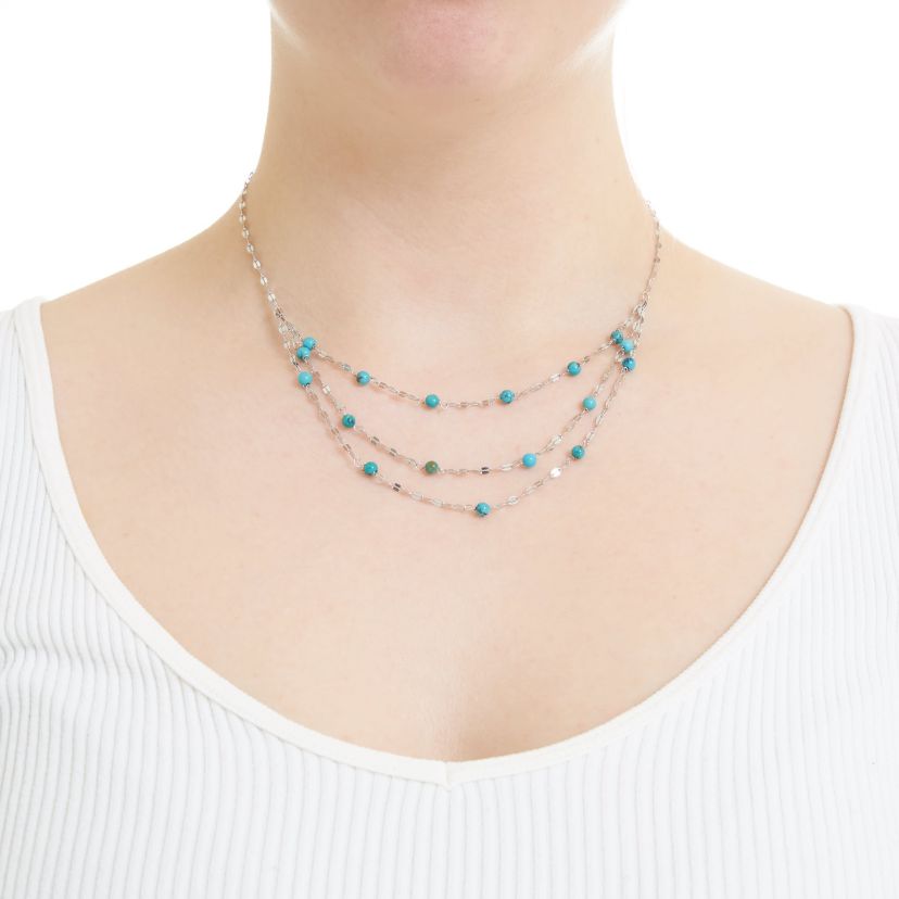 Sterling Silver 16in +2in Genuine Turquoise 3 Row Mirror Chain Necklace