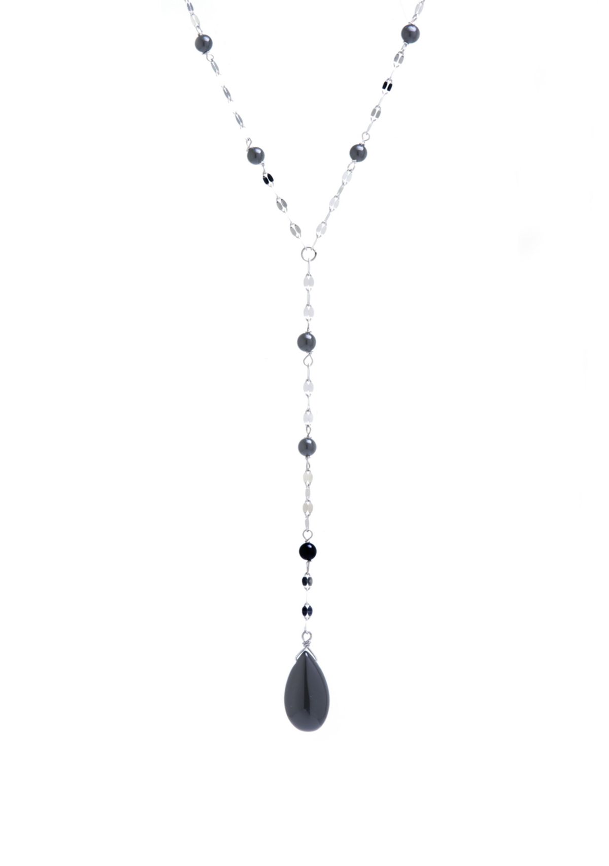 Sterling Silver Onyx Beaded Mirror Chain Y Necklace