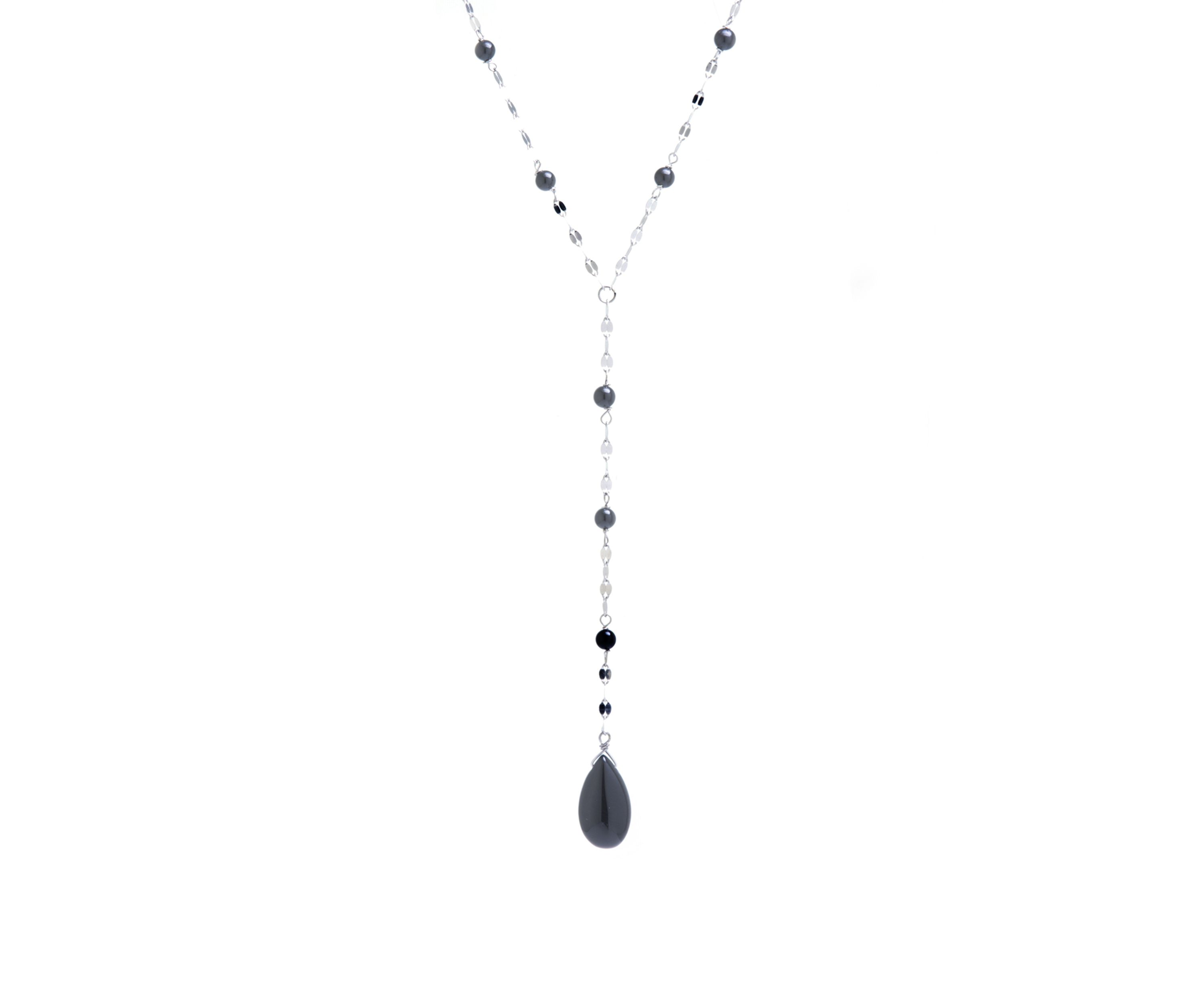 Sterling Silver Onyx Beaded Mirror Chain Y Necklace