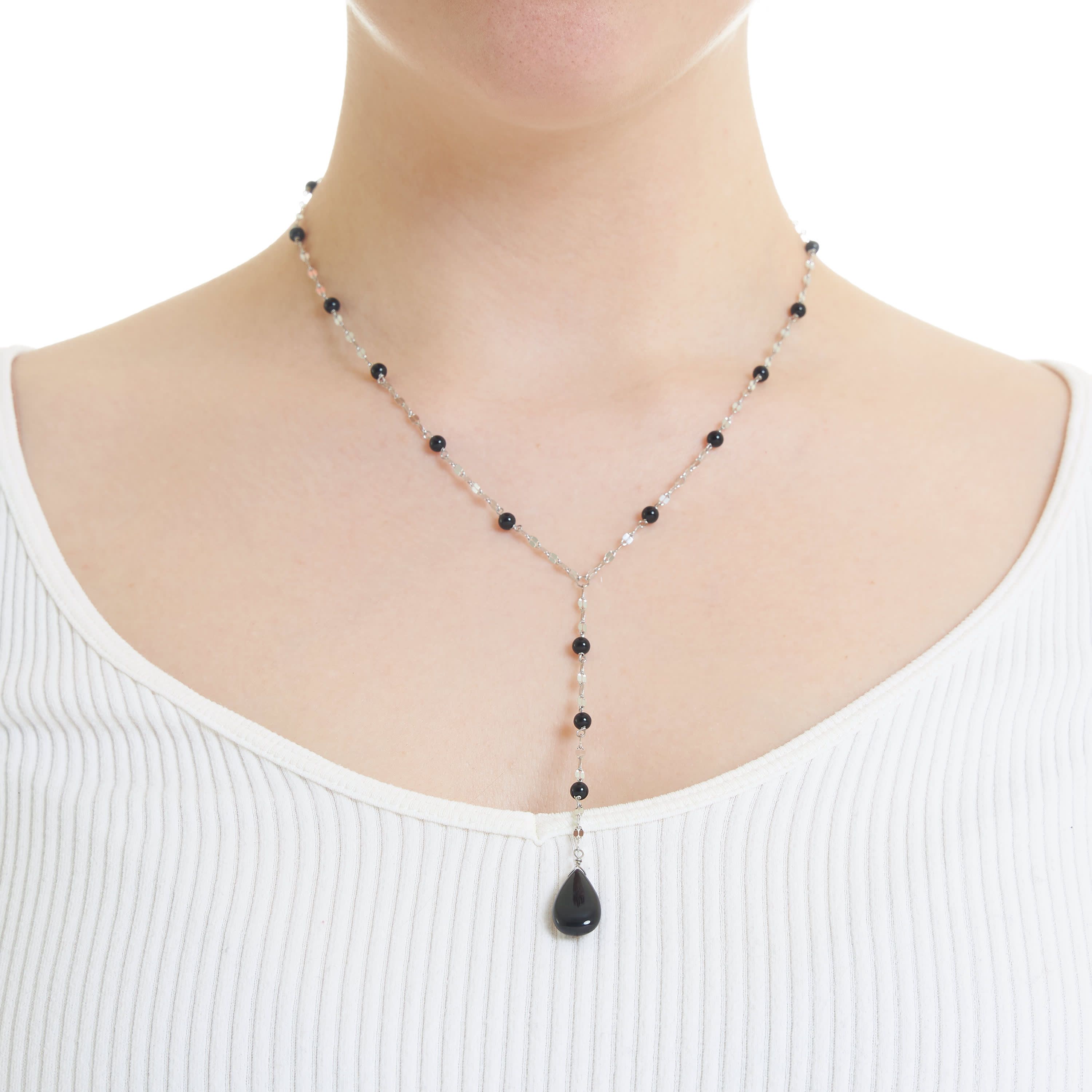 Sterling Silver Onyx Beaded Mirror Chain Y Necklace