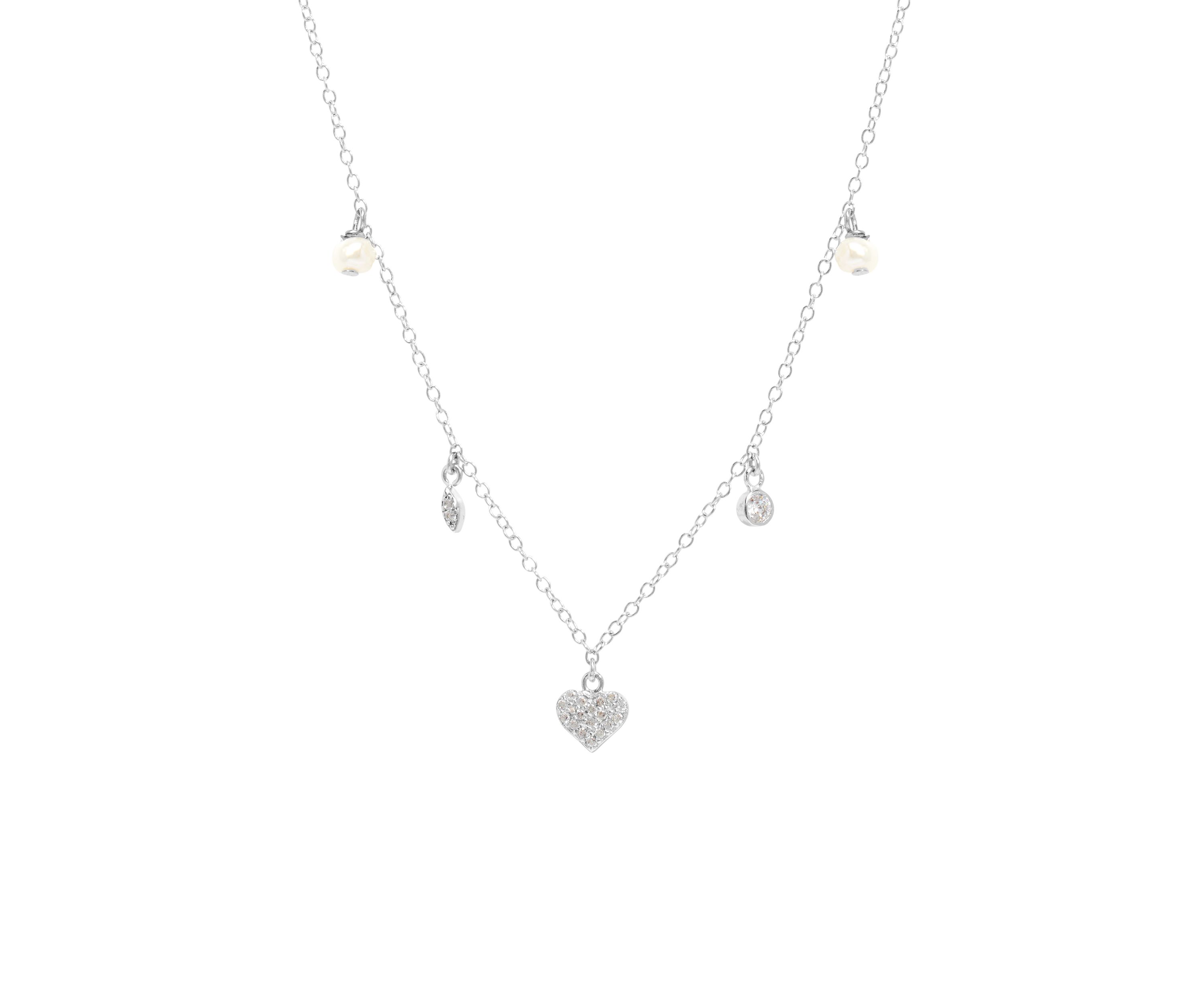 Sterling Silver 16" + 2" Fresh Water Pearl and Cubic Zirconia Heart Drop Necklace