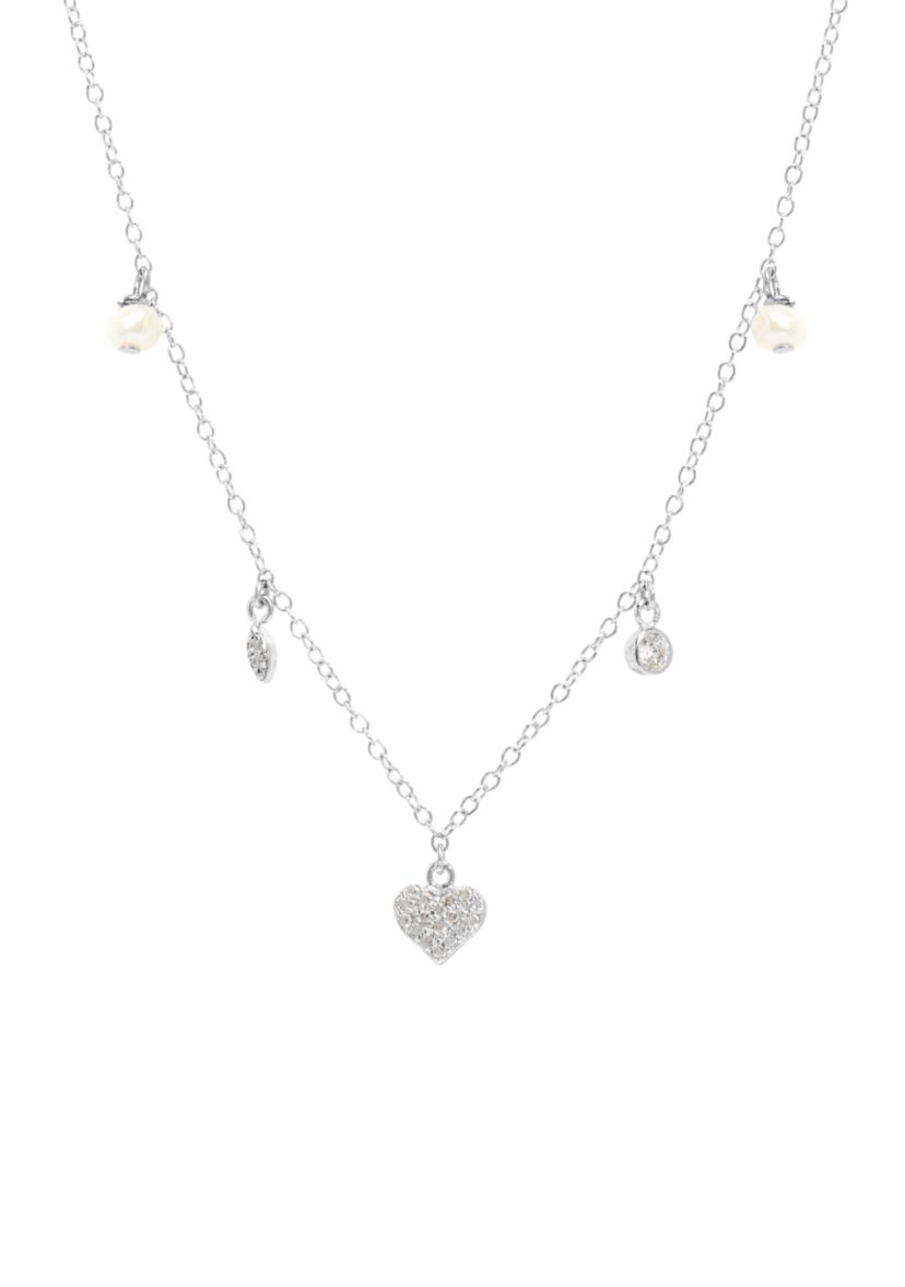 Sterling Silver 16" + 2" Fresh Water Pearl and Cubic Zirconia Heart Drop Necklace