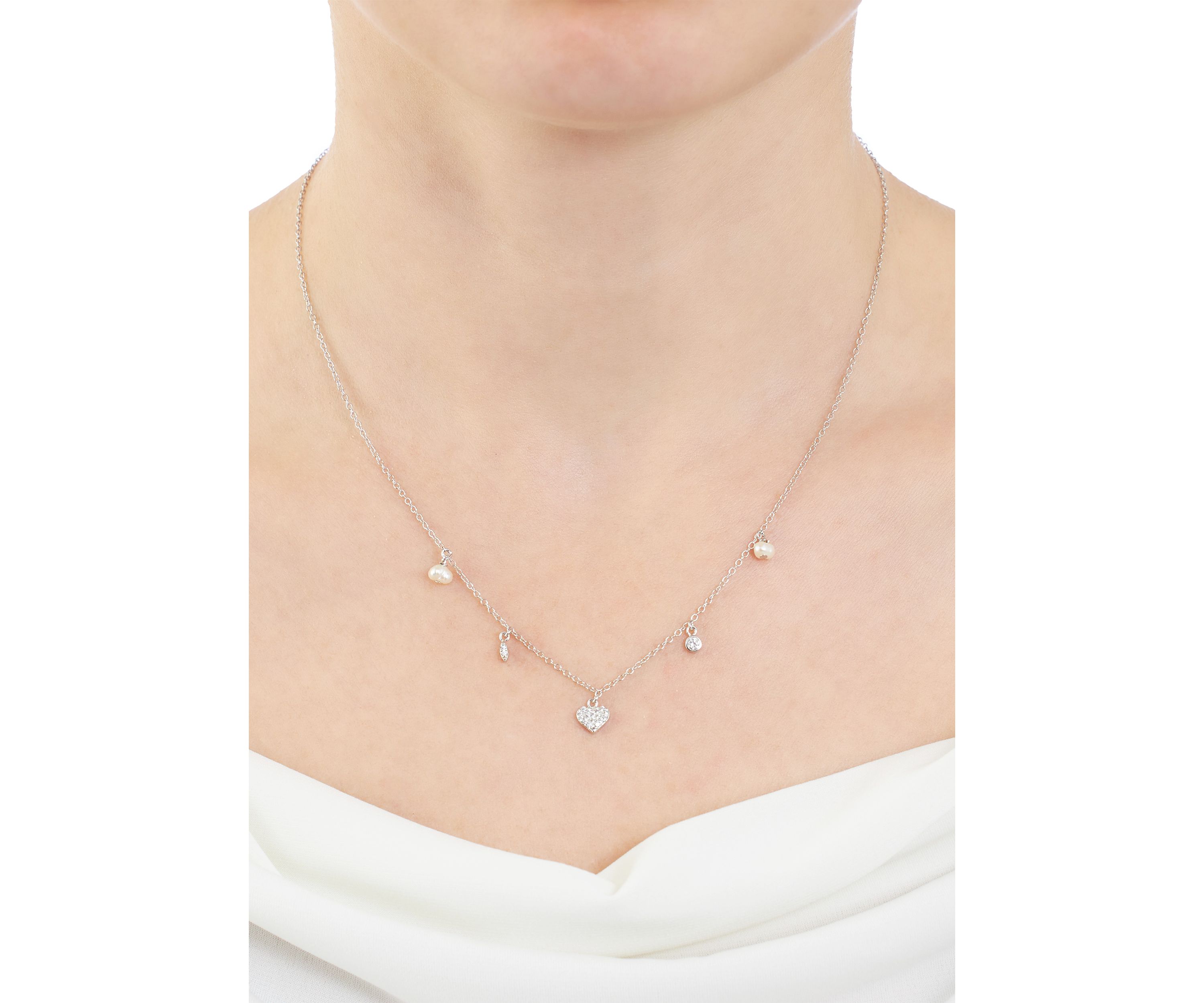 Sterling Silver 16" + 2" Fresh Water Pearl and Cubic Zirconia Heart Drop Necklace